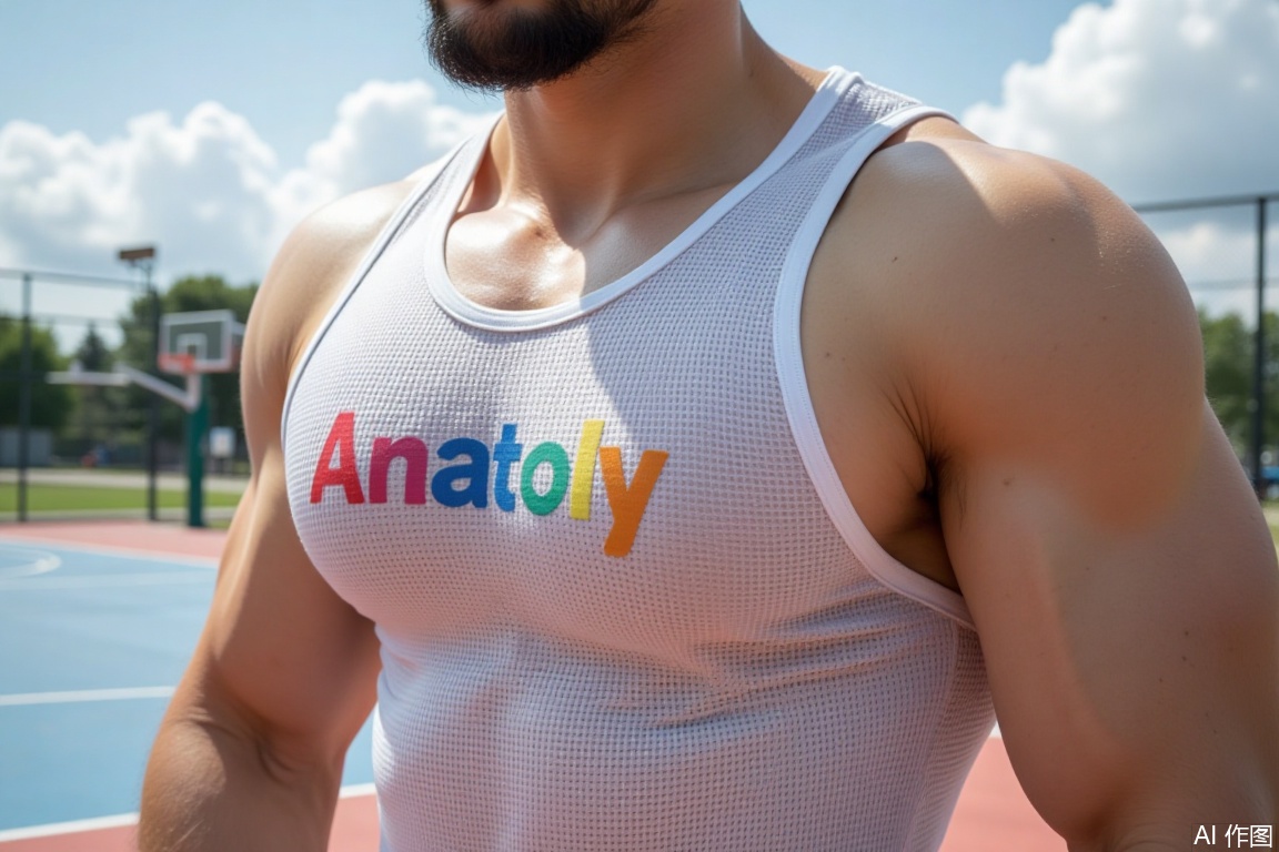 Close-up of a tight-fitting white singlet that outlines the curves of well-developed pectotals. The singlet has mesh grids and colorful "Anatoly" printed on the chest. Prominent nipples is seen through its sheer fabrics. The strong arms are tanned with a healthy luster. There is a hint of black short stubble on the chin, indicating the male gender.

The background is a faintly visible basketball court in blue and red color, with wispy of cloud in the corner. Morning sunlight pours from the above, creating stark contrast between light and shadow. The shooting angle is from the side. The overall atmosphere is daily and casual.