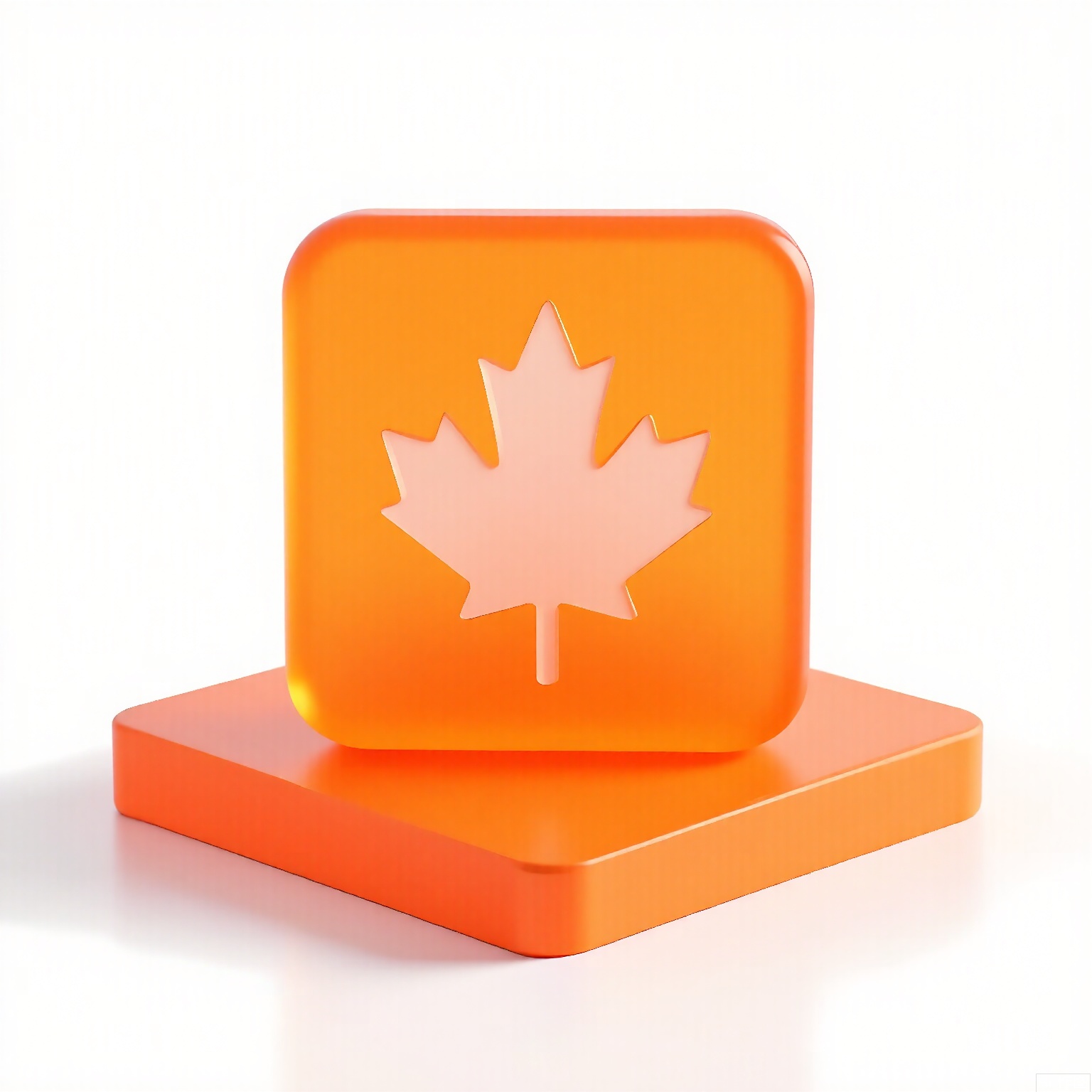 MSCZ, A photograph of a small, frosted, burnt-orange pentagon logo icon with a matte texture, positioned on a square, transparent, burnt-orange base. The logo incorporates a stylized maple leaf motif in white. The plain white backdrop emphasizes the earthy burnt-orange hue and angular geometry. Diffused lighting highlights the geometric edges and frosted finish.

