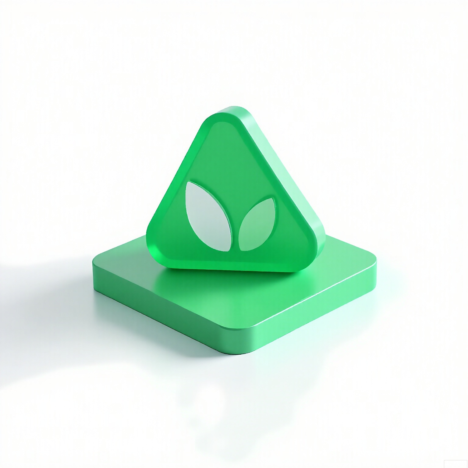MSCZ, A photograph of a small, frosted, green triangular logo icon with a matte texture, positioned on a square, transparent, green base. The logo incorporates a stylized leaf motif in white. The plain white background highlights the fresh green hue and sharp angles. Subtle lighting accentuates the flat design and smooth contours.
