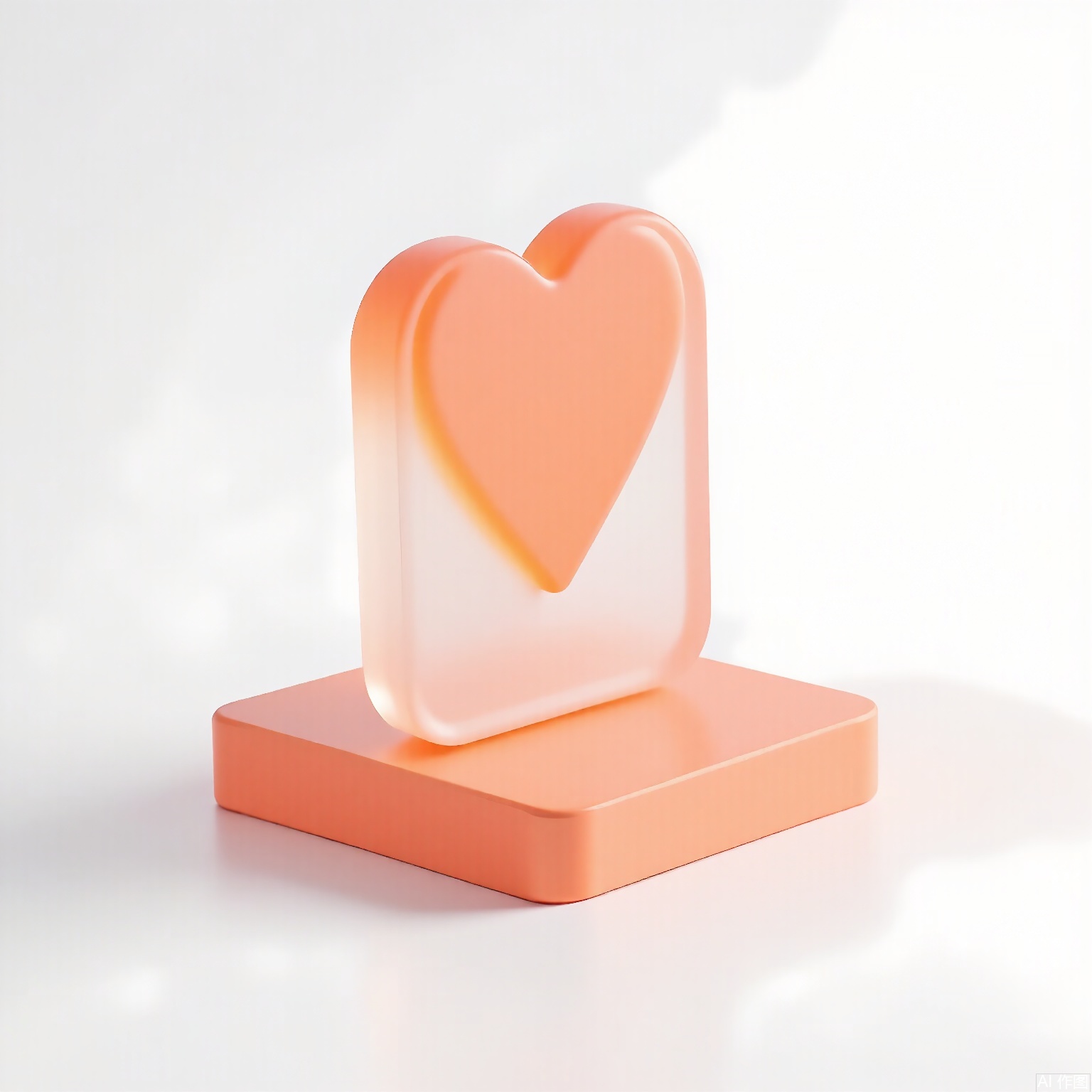 MSCZ, A photograph of a small, frosted, peach triangular logo icon with a matte texture, resting on a square, transparent, peach base. The logo features a minimalist heart silhouette in white. The white background contrasts with the warm peach tones, while soft lighting accentuates the smooth contours and frosted finish.
