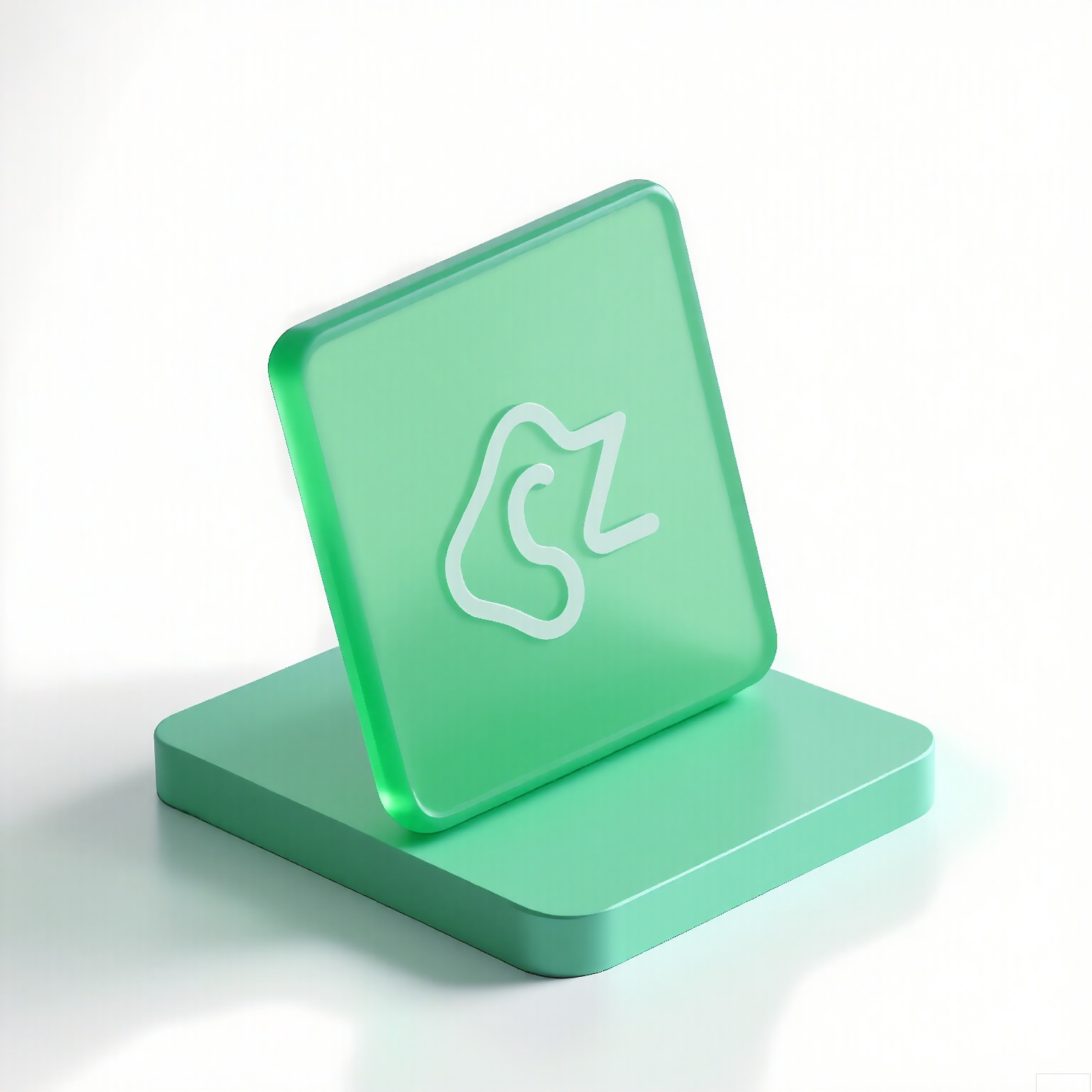 MSCZ, A photograph of a small, frosted, sage-green triangular logo icon with a matte texture, resting on a square, transparent, sage-green base. The logo displays an abstract letter "S" in white, formed by flowing curves. The white background provides sharp contrast to the muted sage-green tones. Subtle lighting accentuates the flat design and matte texture.
