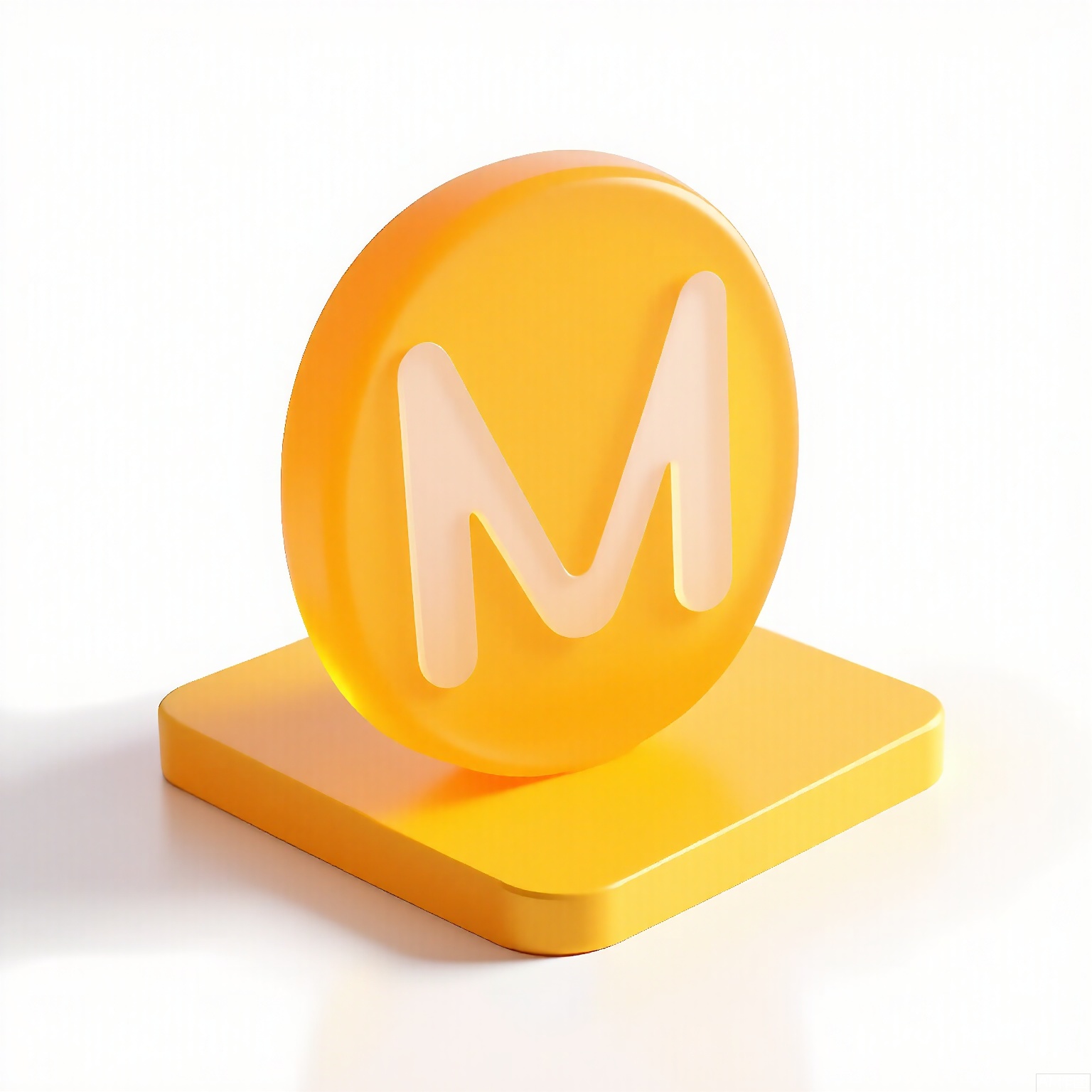 MSCZ, A photograph of a small, frosted, mustard-yellow oval logo icon with a matte texture, angled on a square, transparent, mustard-yellow base. The logo displays an abstract letter "M" in white, formed by overlapping arcs. The white background provides crisp contrast to the earthy mustard-yellow. Subtle lighting accentuates the rounded form and frosted surface.
