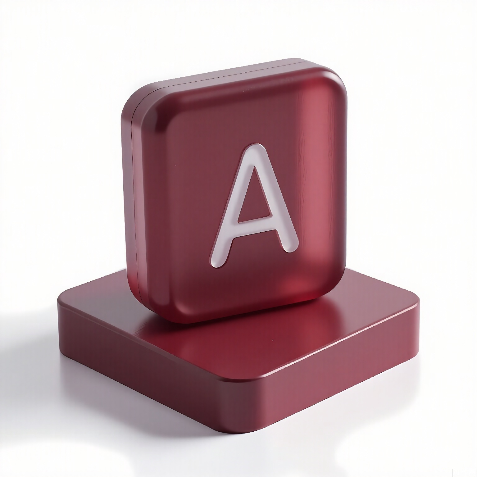 MSCZ, A photograph of a small, frosted, maroon square logo icon with a matte texture, resting on a square, transparent, maroon base. The logo displays an abstract letter "A" in white, formed by intersecting lines. The plain white background provides crisp contrast to the deep maroon. Diffused lighting enhances the minimalist typography and matte texture.

