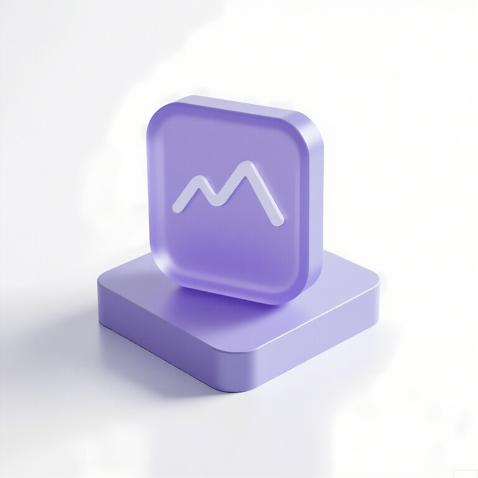 MSCZ, A photograph of a small, frosted, lavender-gray square logo icon with a matte texture, angled on a square, transparent, lavender-gray base. The logo includes a minimalist mountain range in white. The plain white backdrop highlights the cool lavender-gray hue and sharp angles. Even illumination emphasizes the texture and clean lines.
