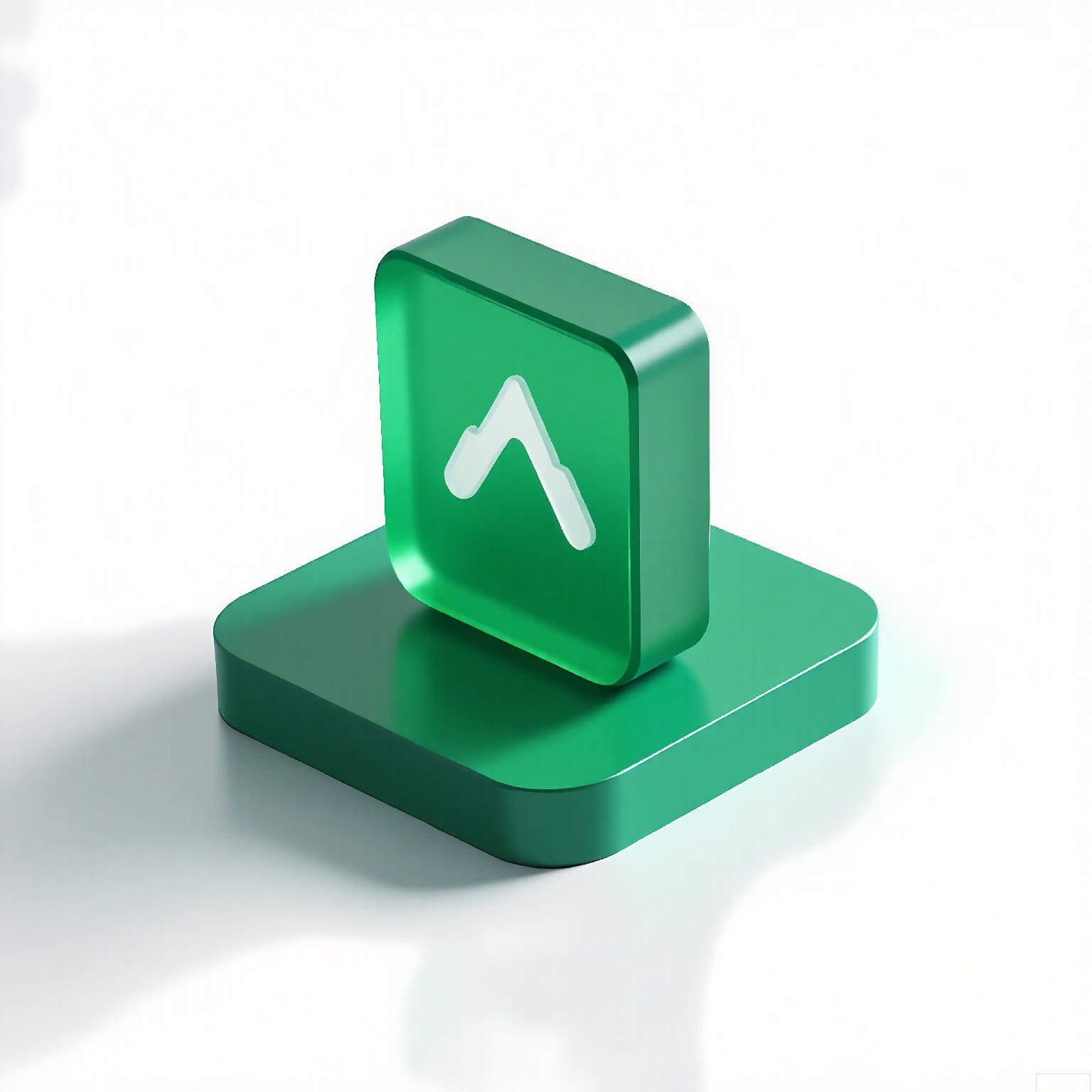MSCZ, A photograph of a small, frosted, forest-green square logo icon with a matte texture, angled on a square, transparent, forest-green base. The logo includes a stylized mountain peak in white. The plain white backdrop highlights the deep forest-green hue and geometric simplicity. Even illumination emphasizes the texture and clean lines.
