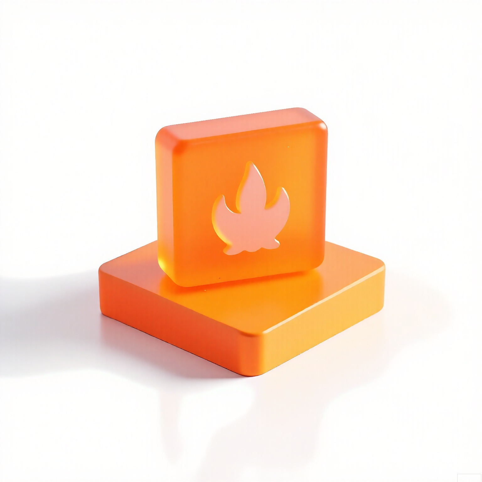 MSCZ, A photograph of a small, frosted, burnt-sienna pentagon logo icon with a matte texture, positioned on a square, transparent, burnt-sienna base. The logo incorporates a stylized flame motif in white. The plain white backdrop emphasizes the warm burnt-sienna hue and angular geometry. Diffused lighting highlights the geometric edges and frosted finish.
