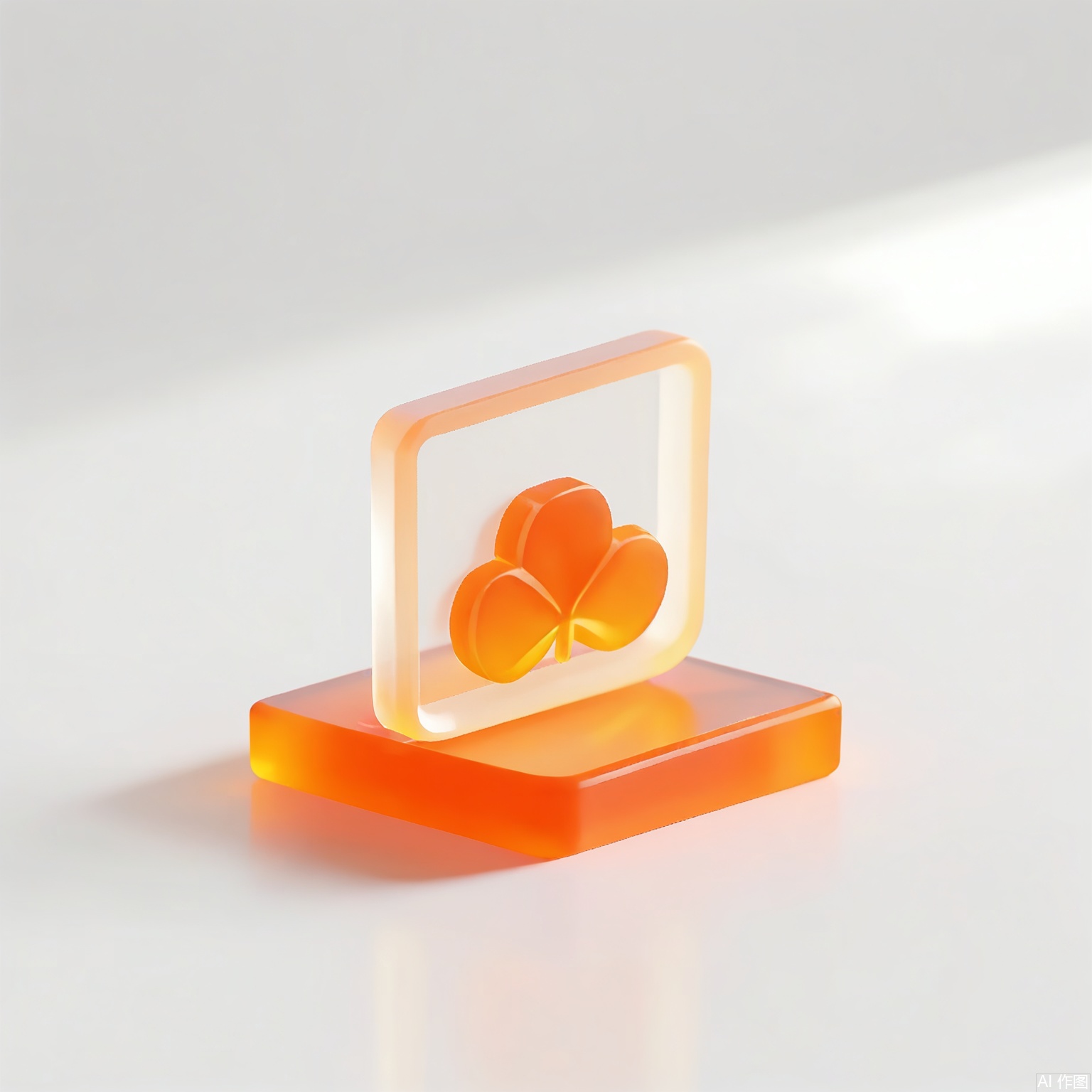 MSCZ, A photograph of a small, frosted, burnt-orange pentagon logo icon with a matte texture, positioned on a square, transparent, burnt-orange base. The logo incorporates a stylized maple leaf motif in white. The plain white backdrop emphasizes the earthy burnt-orange hue and angular geometry. Diffused lighting highlights the geometric edges and frosted finish.
