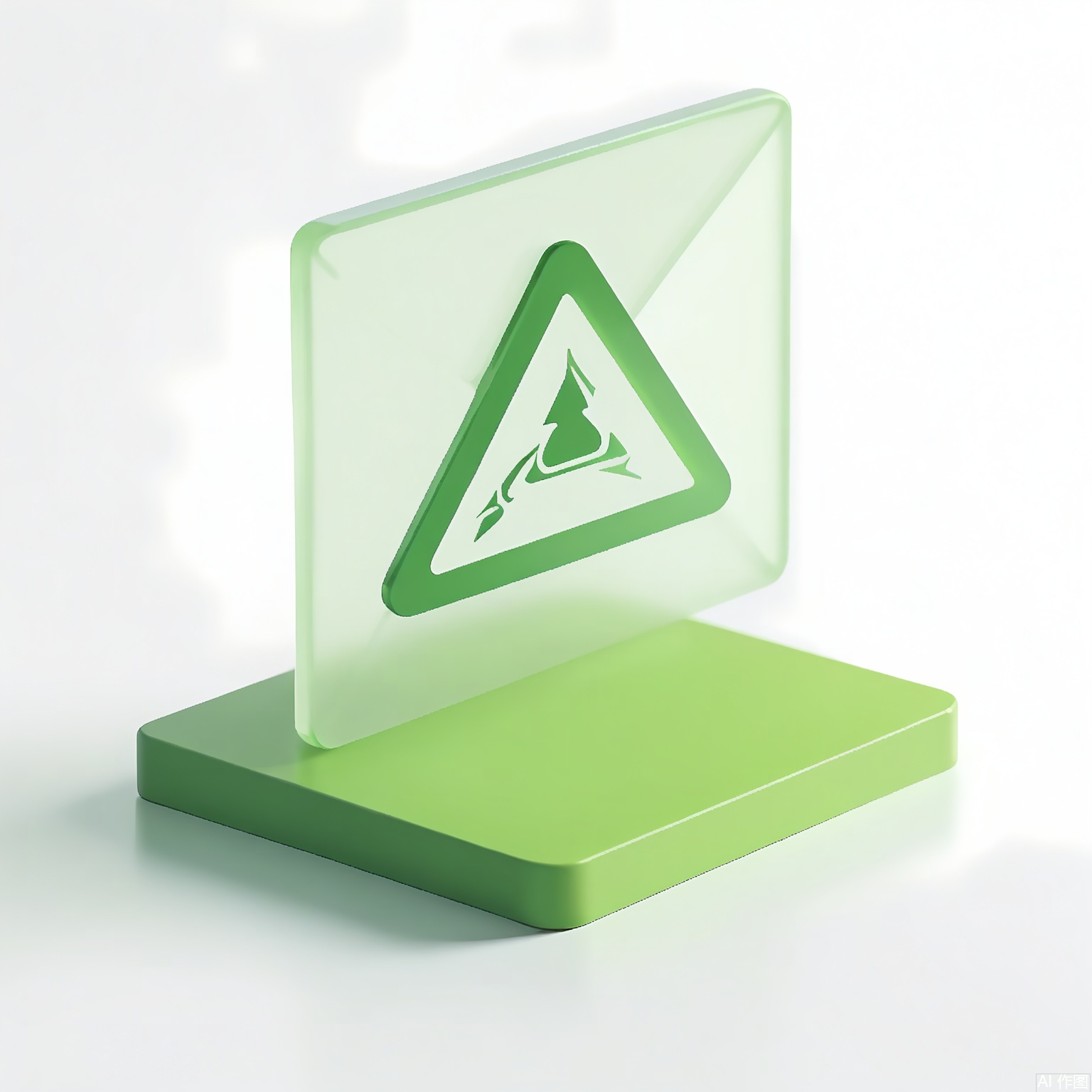 MSCZ, A photograph of a small, frosted, sage-green triangular logo icon with a matte texture, resting on a square, transparent, sage-green base. The logo displays an abstract letter "S" in white, formed by flowing curves. The white background provides sharp contrast to the muted sage-green tones. Subtle lighting accentuates the flat design and matte texture.
