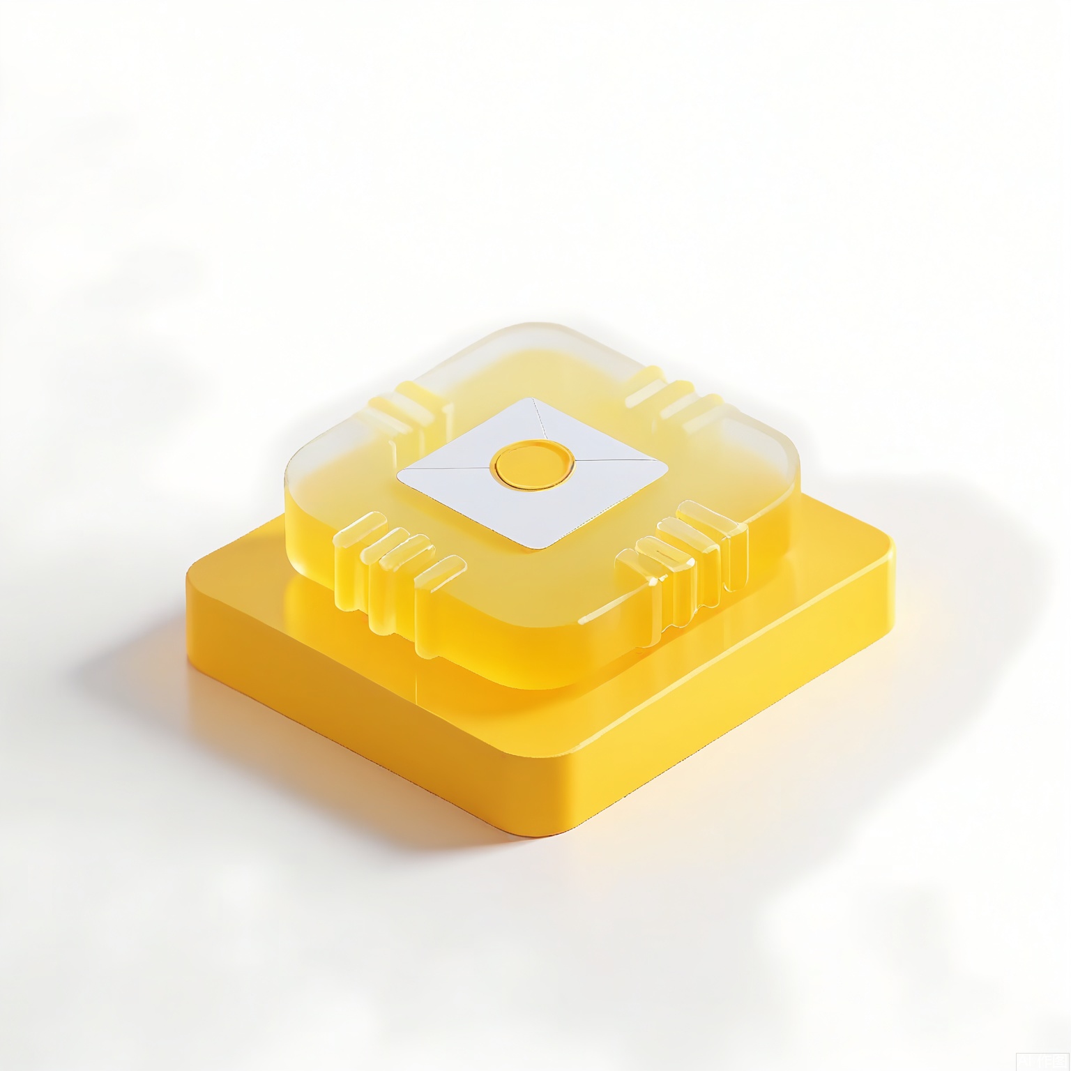 MSCZ, A photograph of a small, frosted, mustard-yellow oval logo icon with a matte texture, angled on a square, transparent, mustard-yellow base. The logo displays an abstract letter "M" in white, formed by overlapping arcs. The white background provides crisp contrast to the earthy mustard-yellow. Subtle lighting accentuates the rounded form and frosted surface.
