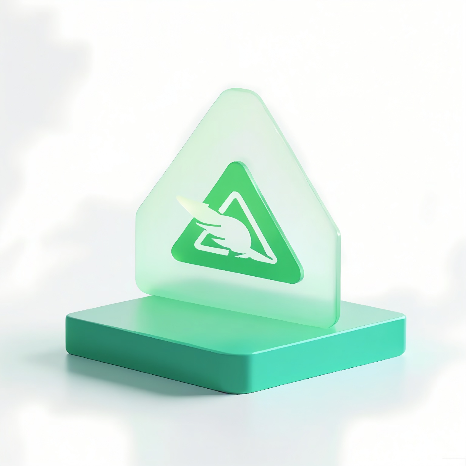MSCZ, A photograph of a small, frosted, green triangular logo icon with a matte texture, positioned on a square, transparent, green base. The logo incorporates a stylized leaf motif in white. The plain white background highlights the fresh green hue and sharp angles. Subtle lighting accentuates the flat design and smooth contours.
