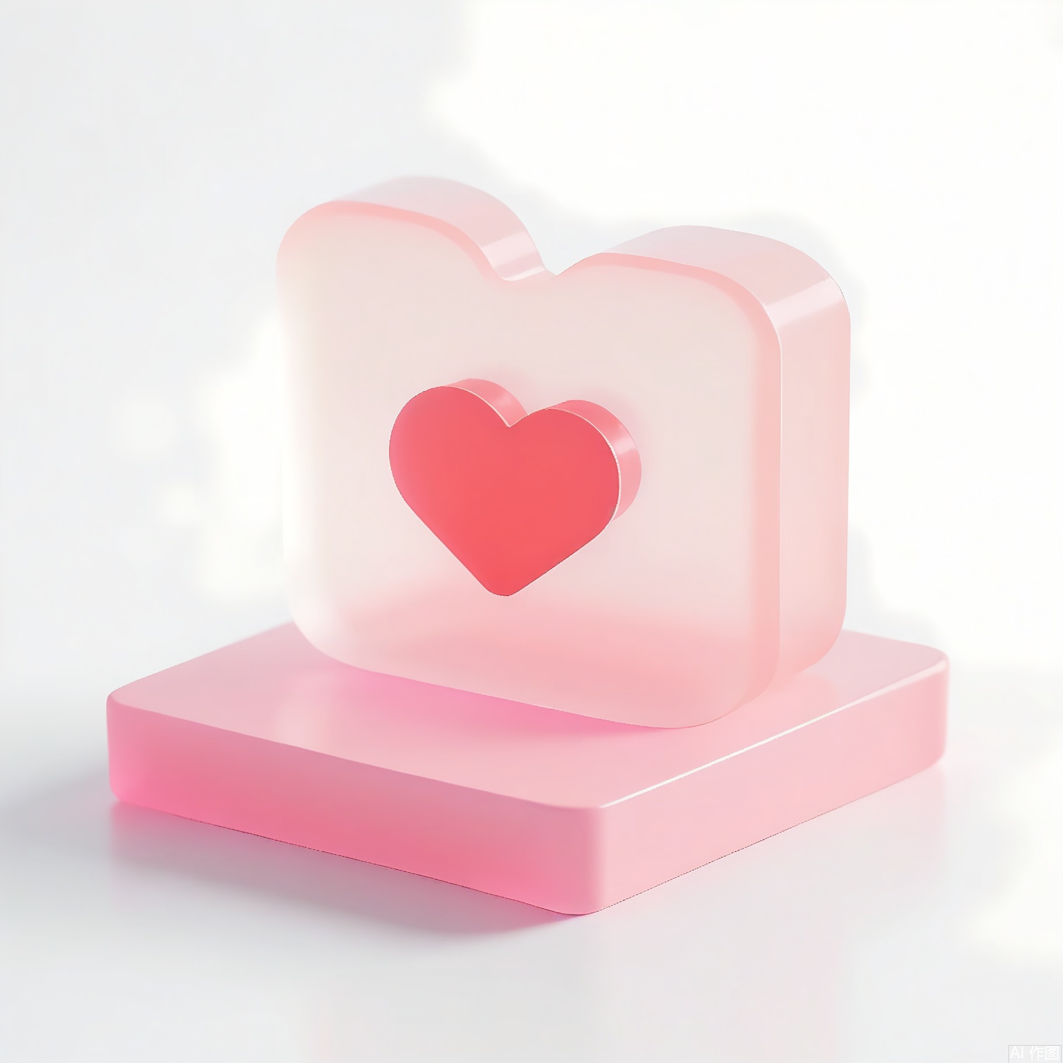 MSCZ, A photograph of a small, frosted, peach triangular logo icon with a matte texture, resting on a square, transparent, peach base. The logo features a minimalist heart silhouette in white. The white background contrasts with the warm peach tones, while soft lighting accentuates the smooth contours and frosted finish.
