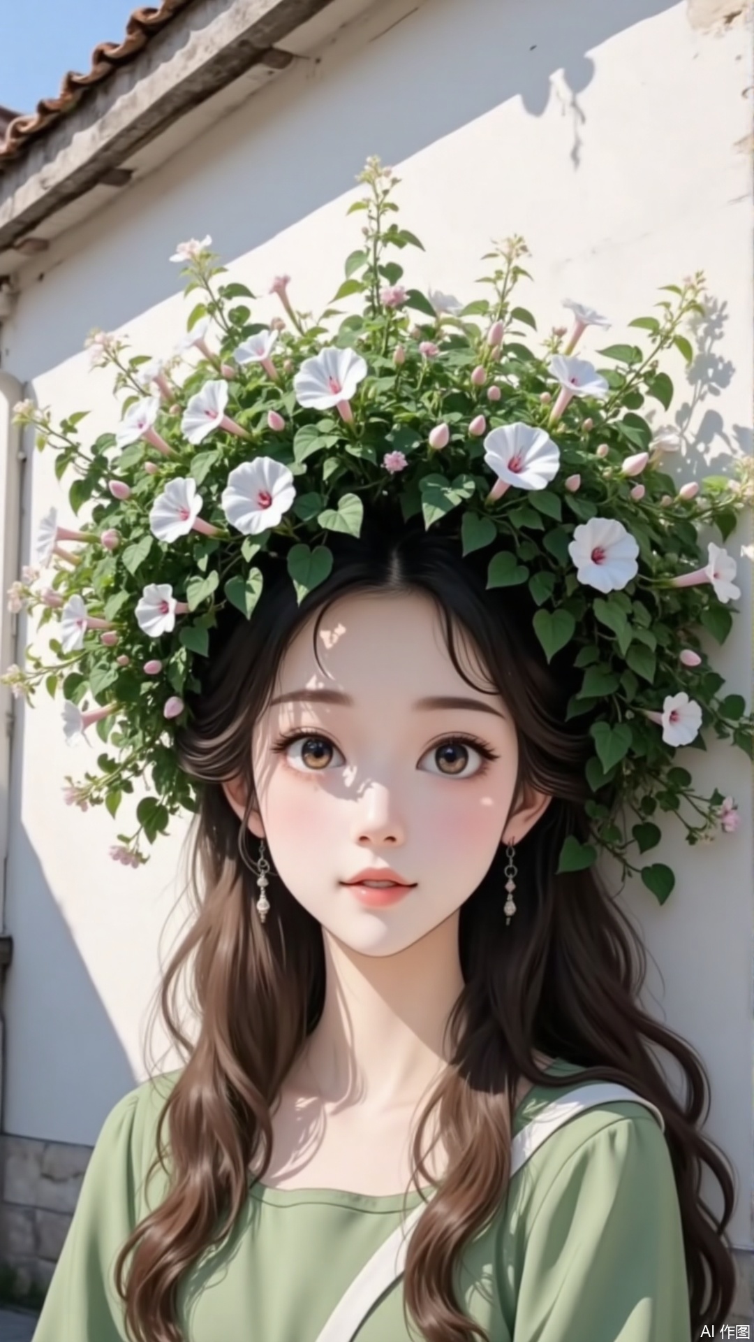 Captured at eye-level on a low-angle perspective a medium-angle shot of a woman's head is adorned with a wreath of white flowers and green leaves. The woman's hair is long wavy and she's wearing a long-sleeved green dress with a white stripe down the neckline. Her eyes are a piercing blue and her eyebrows are a darker shade of brown. Her hair is pulled back in a ponytail adding a touch of greenery to her face. The backdrop a white house casts a shadow on the right side of the frame adding depth to the scene.
