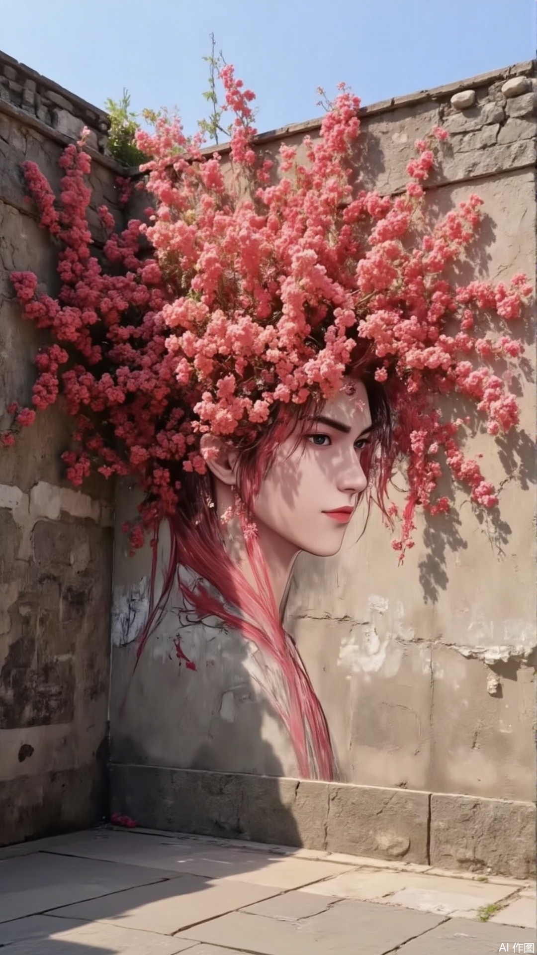 A man with red hair was painted on an ancient city wall, his hair was wrapped in morning glory