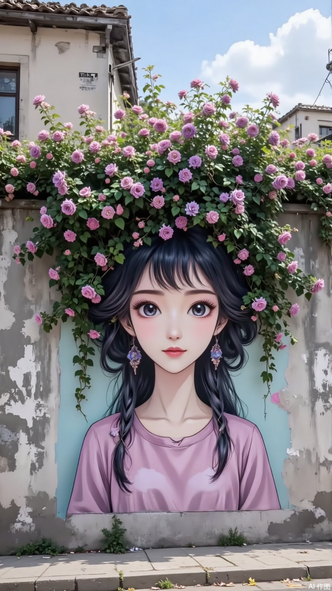 A creative street mural featuring a {gender} {age} {hairstyle} {character type}, wearing a {clothing color} outfit, painted on an old concrete wall. The character's hair seamlessly blends with the real, naturally growing green plants and {flower color} flowers on top of the wall. The plants and flowers are extremely detailed, with realistic textures, rich details, and natural lighting, as if photographed in real life. The whole scene is highly integrated with the environment, with vibrant colors, an outdoor setting, a bright sky with soft clouds, full of childlike fun and imagination, highly detailed, photorealistic style, ultra high resolution.