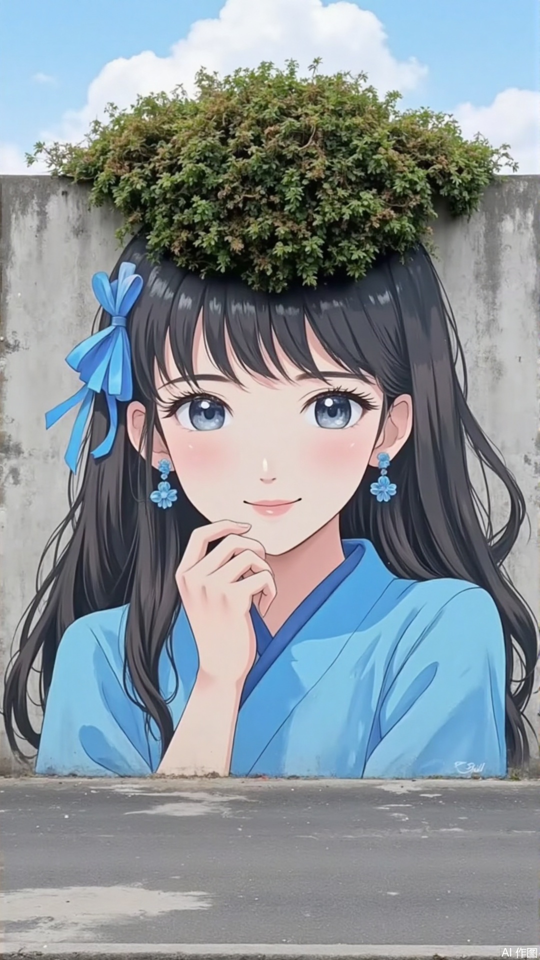 Captured at eye-level
a medium-sized painting of a young woman with long dark hair
wearing a blue kimono and a blue bow in her left ear. Her eyes are a piercing blue
and her right hand is resting on her chin. Her left ear is adorned with a blue ribbon
adding a pop of color to the scene. The woman's hair is cascading down her right shoulder
framing her face. She is standing in front of a gray concrete wall
with a patch of green moss growing on her head. The sky is a light blue
with fluffy white clouds.
