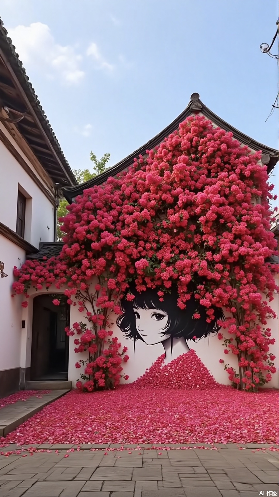 Captured at eye-level on a low-angle perspective a medium-angle shot captures a vibrant array of red flowers adding a pop of color to the scene. The flowers arranged in a way that creates a striking contrast to the white building which is adorned with a black silhouette of a woman's face. The woman's head is encircled by a large amount of red petals adding depth to the composition. The building positioned on the left and right of the frame is a stark white facade with a brown roof. The sky is a muted blue with a few wispy clouds in the air.