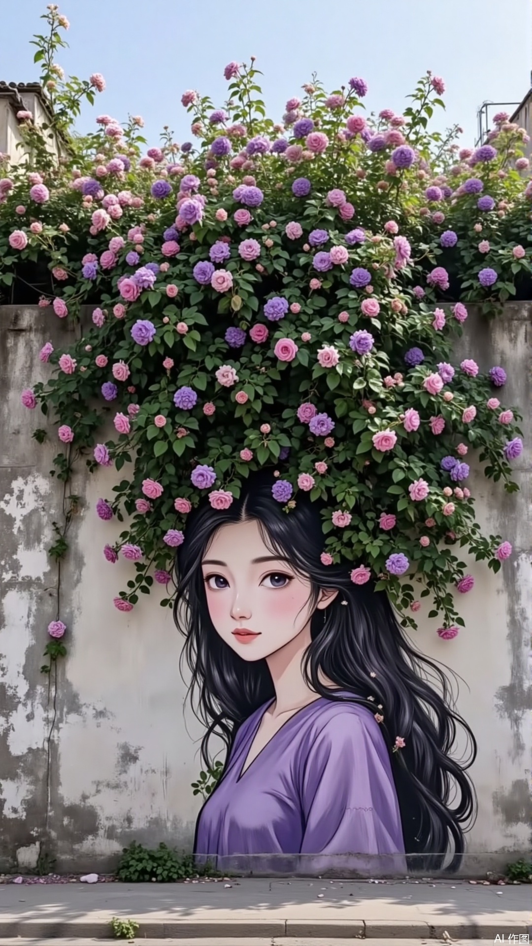 ,A creative street mural featuring a young beautiful woman with long hair wearing a purple outfit,painted on an old concrete wall. The girl's hair seamlessly blends with the real,naturally growing green plants and multicolored flowers at the top of the wall. The plants and flowers are realistically photographed,possessing photo-realistic details and natural textures. The leaves and flowers are irregularly distributed with clear layers,natural soft colors,and subtle shadows and light changes. The overall atmosphere resembles a real photograph. The integration between the wall,plants,and flowers is highly cohesive,creating a strong sense of environment. The image is not overexposed,with soft lighting,avoiding cartoon or illustration styles,in a hyper-realistic style with high details and absurdres.,