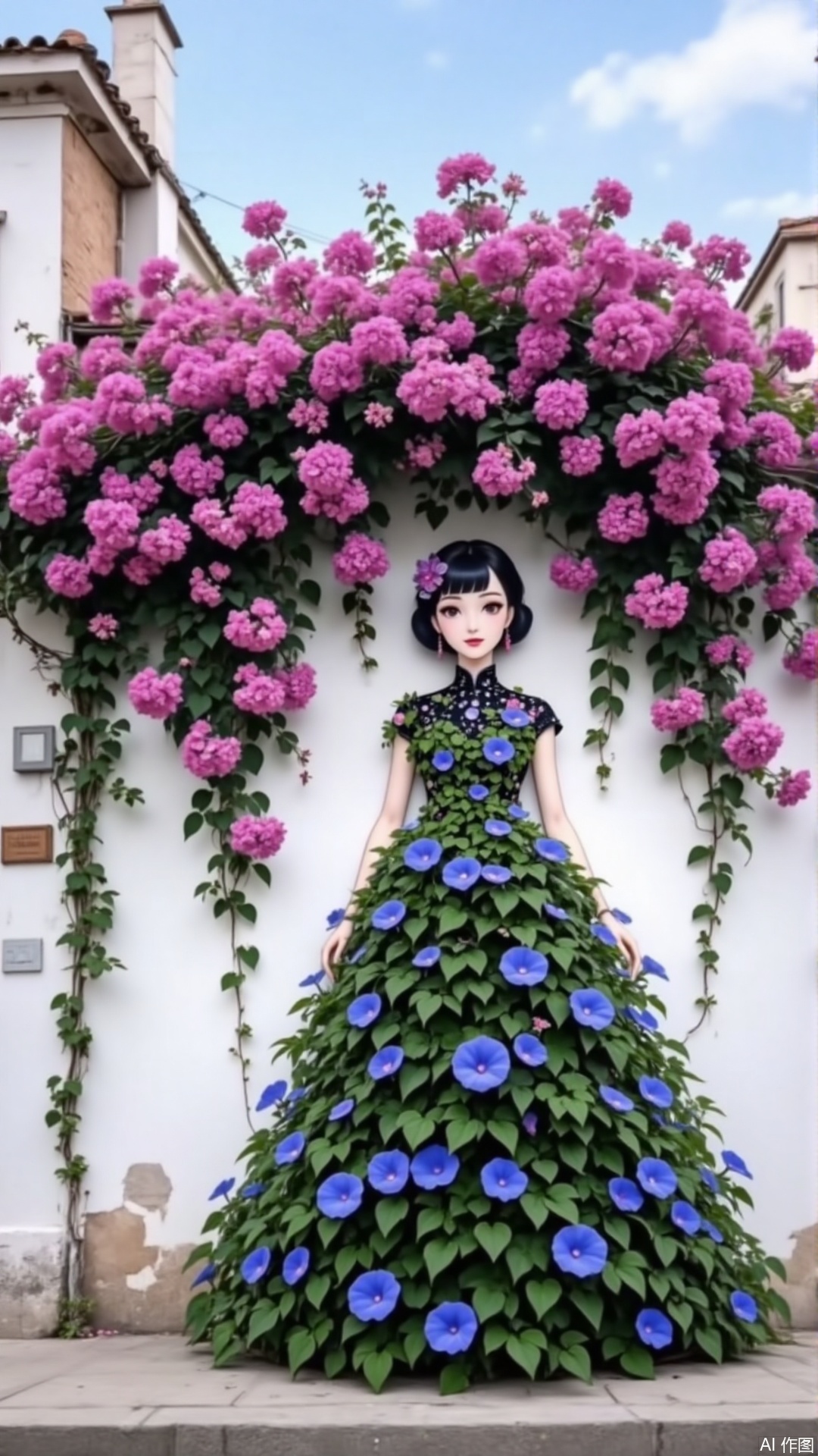 a barbie doll stands in front of a white wall adorned with a wreath of pink and purple flowers. The doll's dress is adorned with blue flowers
adding a pop of color to the scene. The wreath is draped across the doll's body
adding depth to the composition. The backdrop
a white building can be seen to the left of the doll. The sky is a muted blue
with a few wispy clouds in the air.
