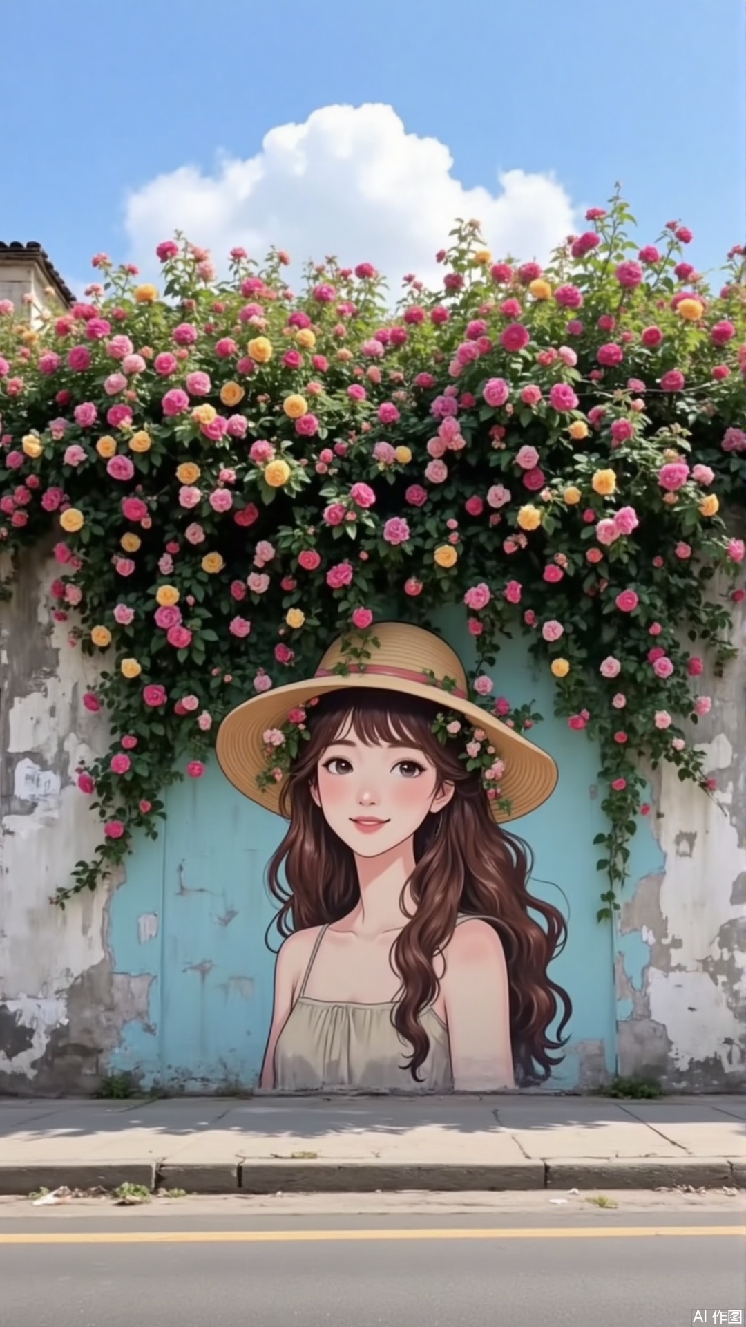 hua,The image depicts a mural of a woman with long, wavy brown hair wearing a wide-brimmed straw hat. She is dressed in a sleeveless, light-colored dress. The mural is painted on a wall that has a weathered, textured surface with patches of peeling paint. Above the mural, there is a lush, vibrant cascade of blooming flowers in various colors, including pink, yellow, and orange, creating a picturesque and serene backdrop. The wall is part of an urban setting, with a street visible in the foreground, marked by a yellow line. The sky above is clear with a few fluffy white clouds.