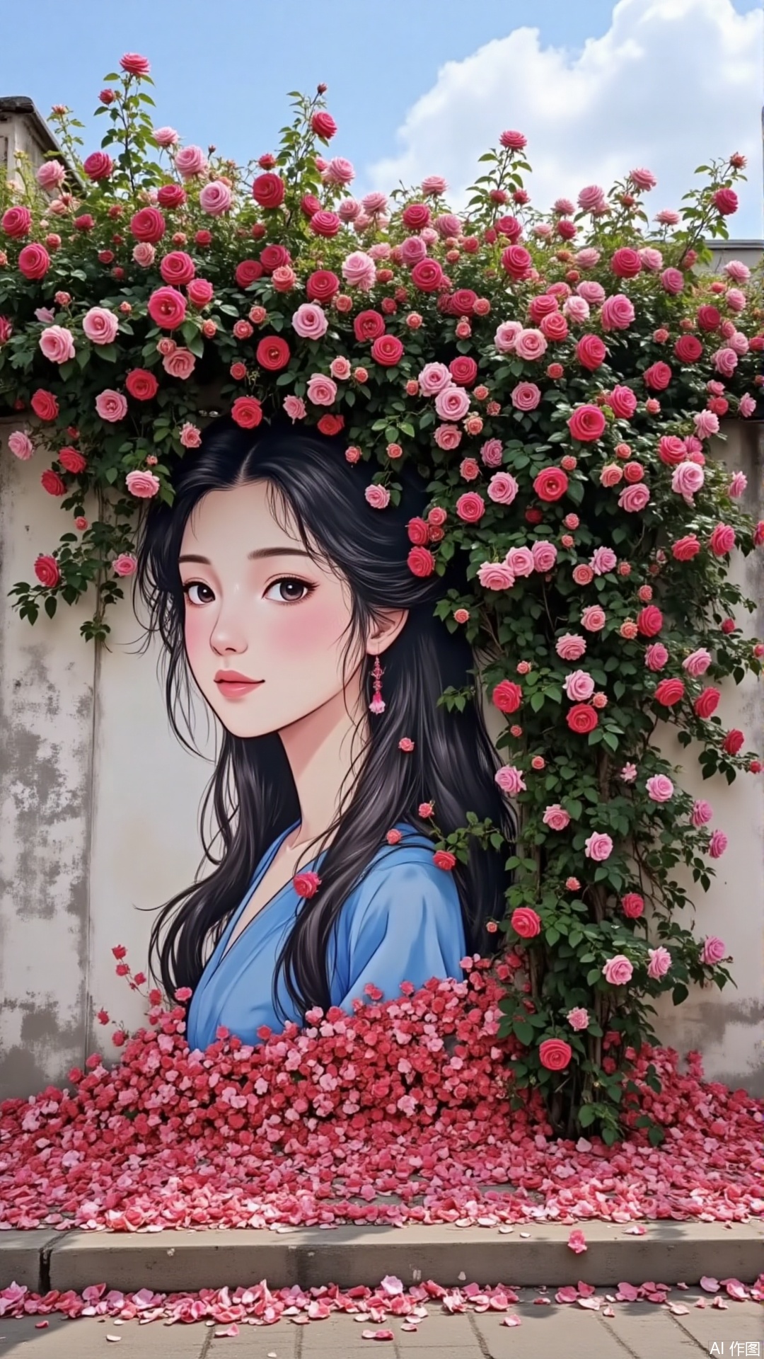 hua,The image depicts a mural of a young woman with long black hair and a serene expression. She is wearing a blue garment. Her hair is adorned with vibrant red and pink roses,which cascade down her head and shoulders. The background is a light-colored wall,and the mural is surrounded by a lush arrangement of green foliage and red rose petals at the bottom. The sky above is clear with a few clouds,creating a peaceful and artistic atmosphere.,