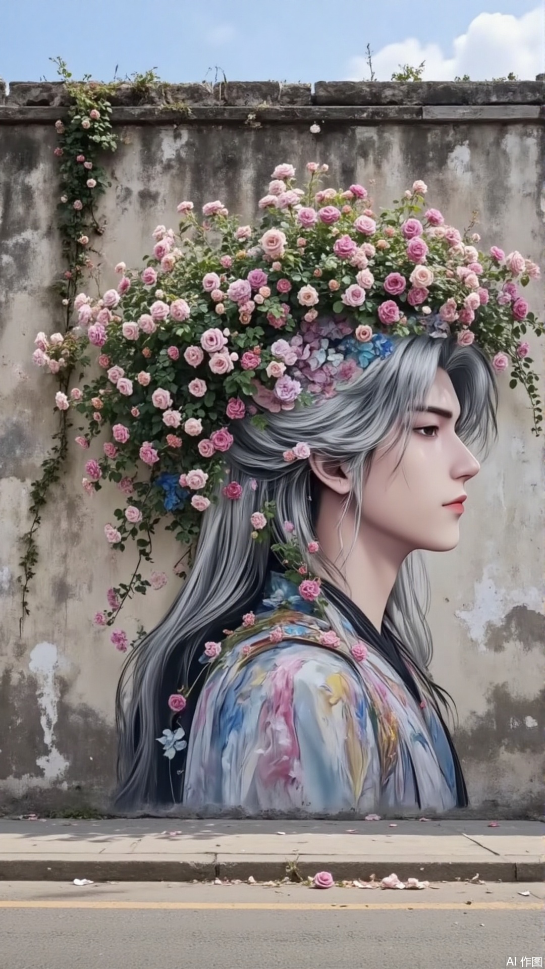An ancient city wall painted with paints a man with white hair, whose hair is wrapped in morning glory
