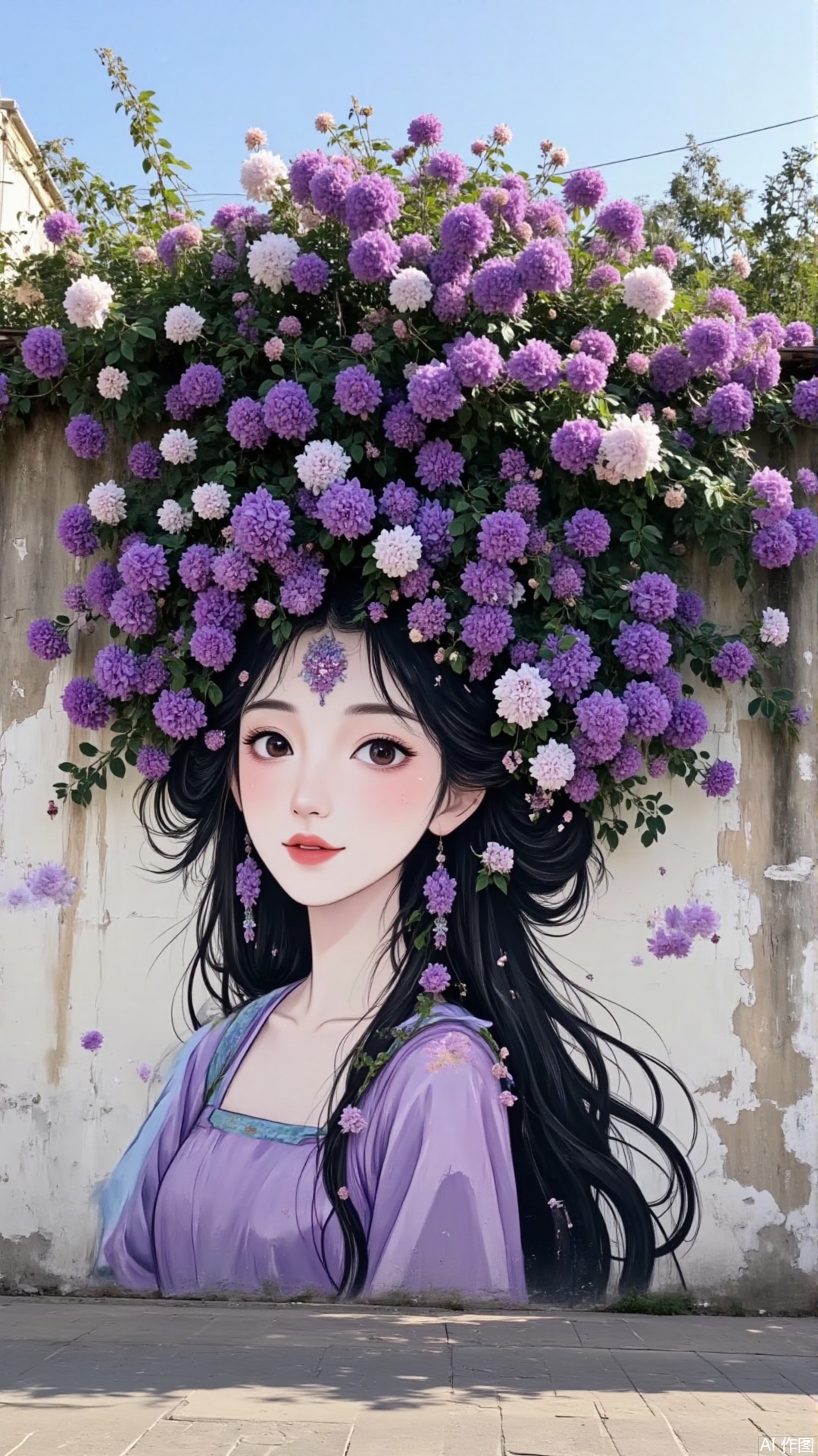 hua,The image depicts a mural of a young woman with long, flowing black hair. She is adorned with a crown of vibrant purple and white flowers, which cascade down her shoulders and dress. The background is a weathered, peeling white wall, giving the scene a rustic and artistic feel. The mural is set against a clear sky, and there are some trees visible in the distance, suggesting an outdoor urban environment. The woman's expression is serene, and her red lips contrast with her pale skin. The overall composition blends natural elements with human artistry, creating a harmonious and picturesque scene.