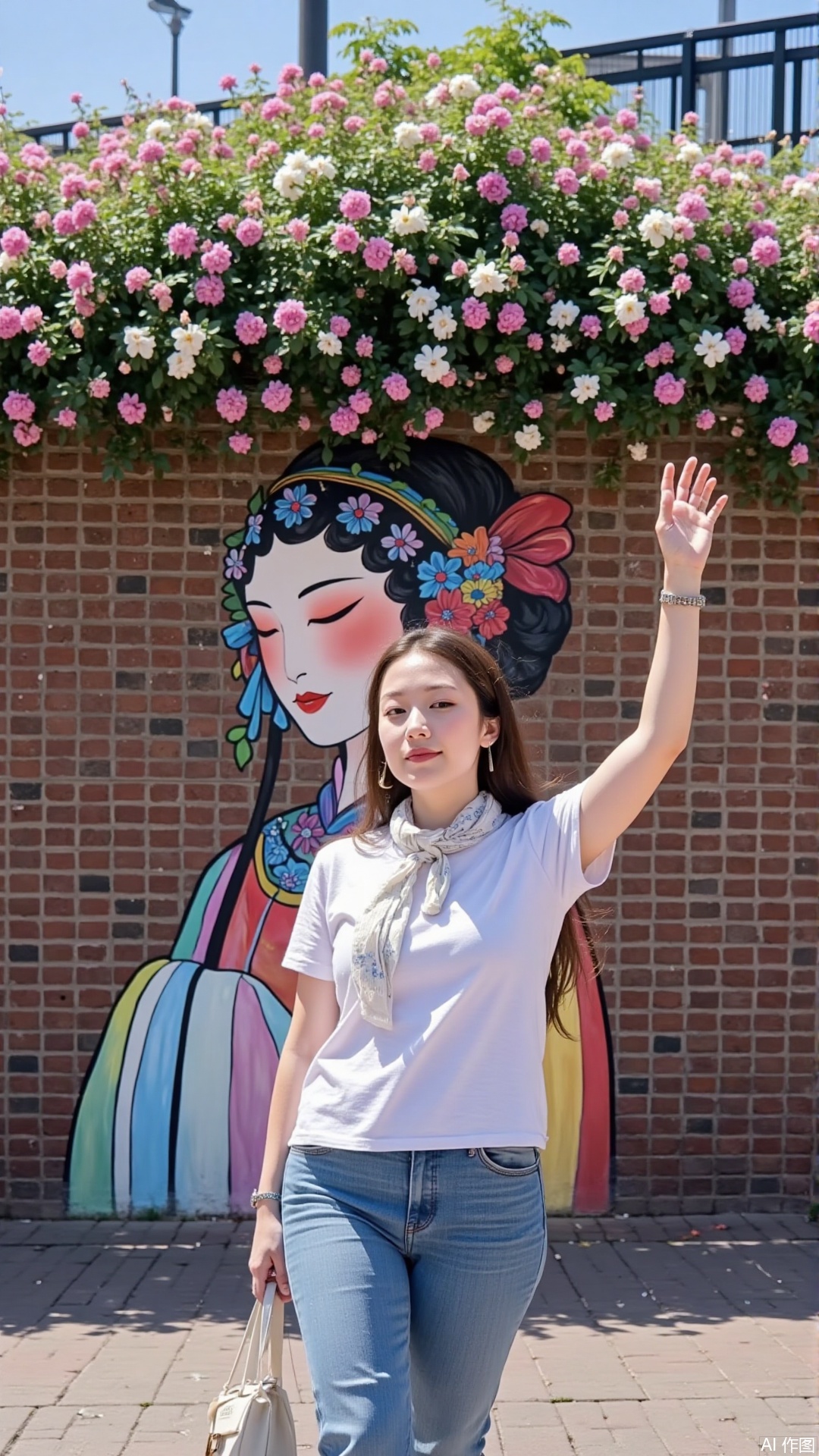 a woman in a white t-shirt and blue jeans stands in front of a mural painted on a brick wall. The mural depicts a geisha
her hair cascading down her shoulders
adorned with a white bow in the middle of her head. Her eyes are closed
and her lips are painted red. Her hair is pulled back in a ponytail
adding a pop of color to her face. The woman's hair is styled in a long
straight line
and she is wearing a white scarf around her neck. Her hand is raised in the air
with her left hand resting on her hip. The wall behind her is adorned with an array of colorful flowers
including pink
white
and blue. The flowers are arranged in a circular pattern
adding depth to the scene. A black fence can be seen in the upper right corner of the image.
