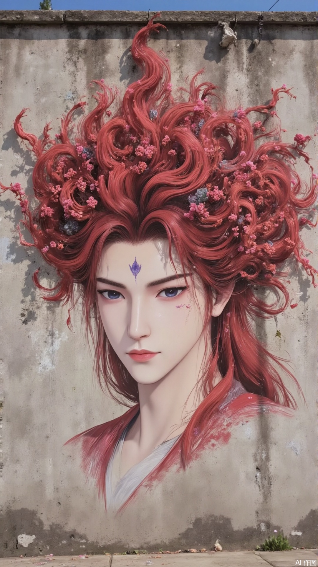 A man with red hair was painted on an ancient city wall, his hair was wrapped in morning glory