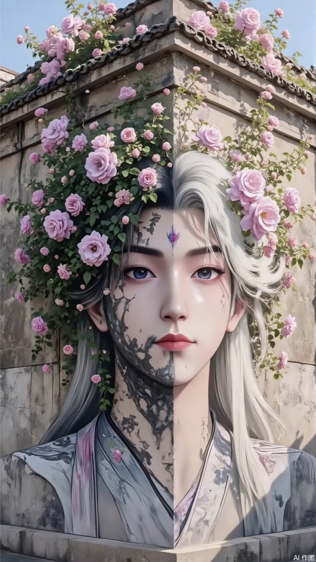 An ancient city wall painted with paints a man with white hair, whose hair is wrapped in morning glory