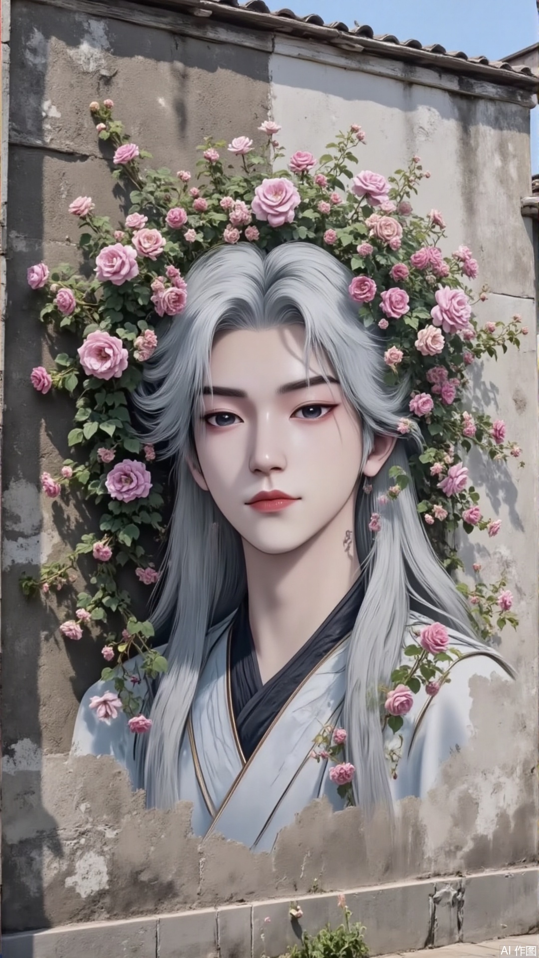 An ancient city wall painted with paints a man with white hair, whose hair is wrapped in morning glory