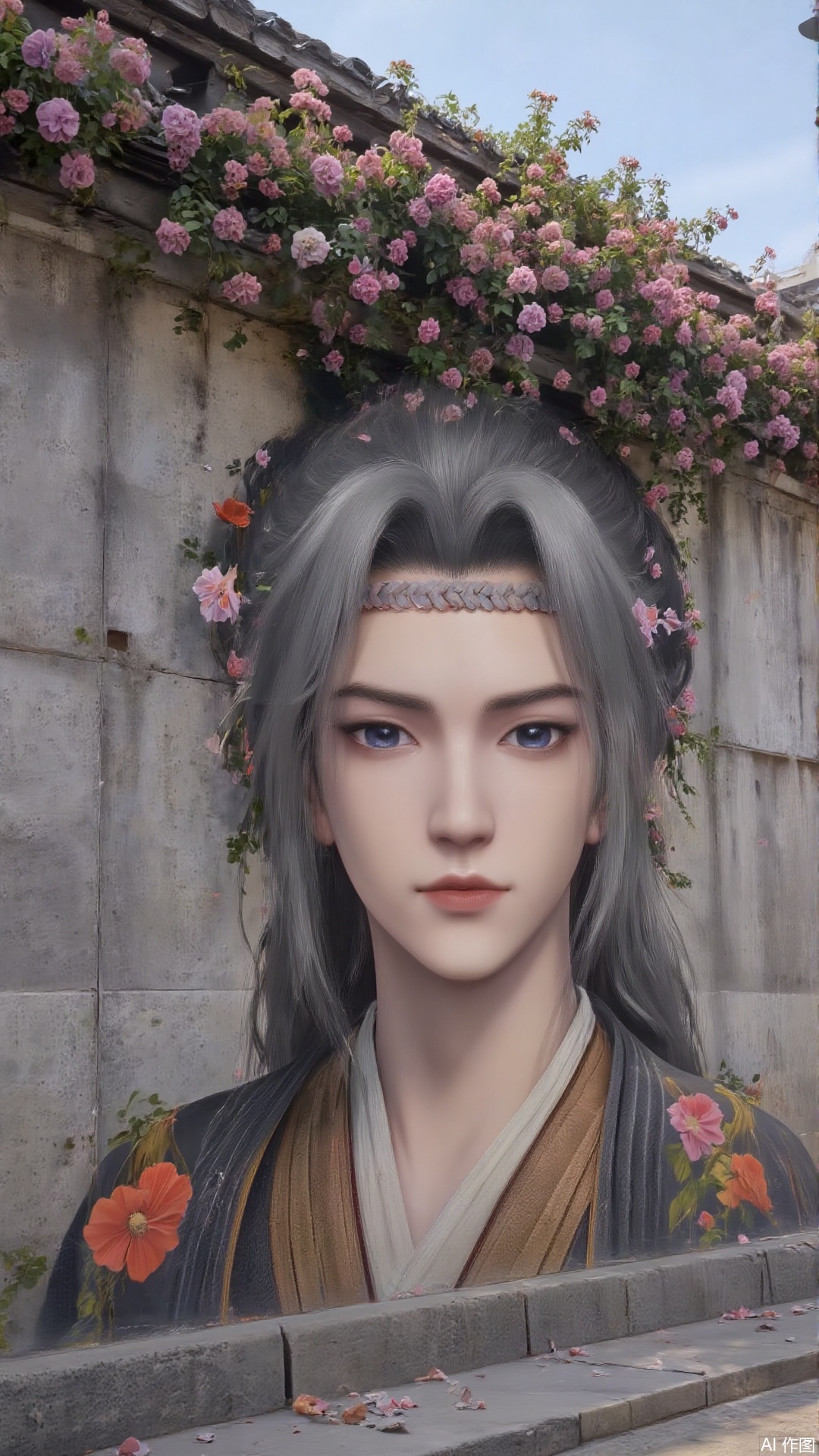 An ancient city wall painted with paints a man with white hair, whose hair is wrapped in morning glory