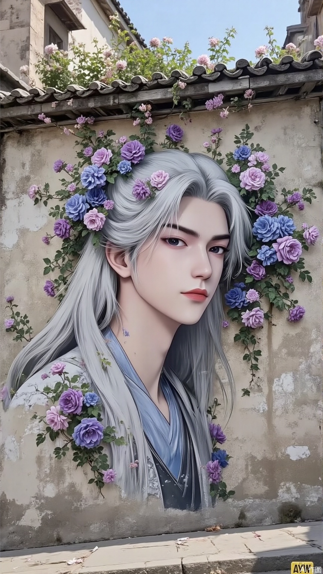 An ancient city wall painted with paints a man with white hair, whose hair is wrapped in morning glory