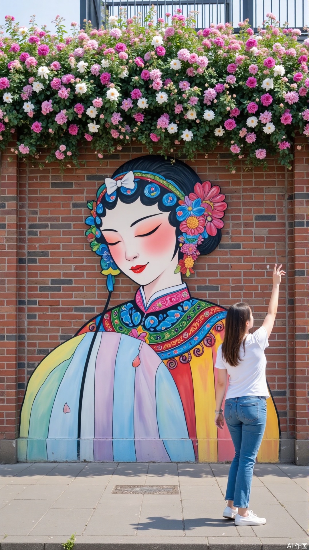 a woman in a white t-shirt and blue jeans stands in front of a mural painted on a brick wall. The mural depicts a geisha
her hair cascading down her shoulders
adorned with a white bow in the middle of her head. Her eyes are closed
and her lips are painted red. Her hair is pulled back in a ponytail
adding a pop of color to her face. The woman's hair is styled in a long
straight line
and she is wearing a white scarf around her neck. Her hand is raised in the air
with her left hand resting on her hip. The wall behind her is adorned with an array of colorful flowers
including pink
white
and blue. The flowers are arranged in a circular pattern
adding depth to the scene. A black fence can be seen in the upper right corner of the image.
