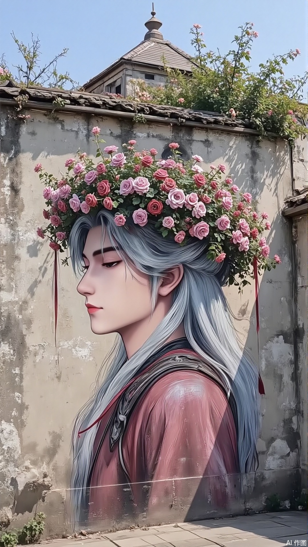 An ancient city wall painted with paints a man with white hair, whose hair is wrapped in morning glory