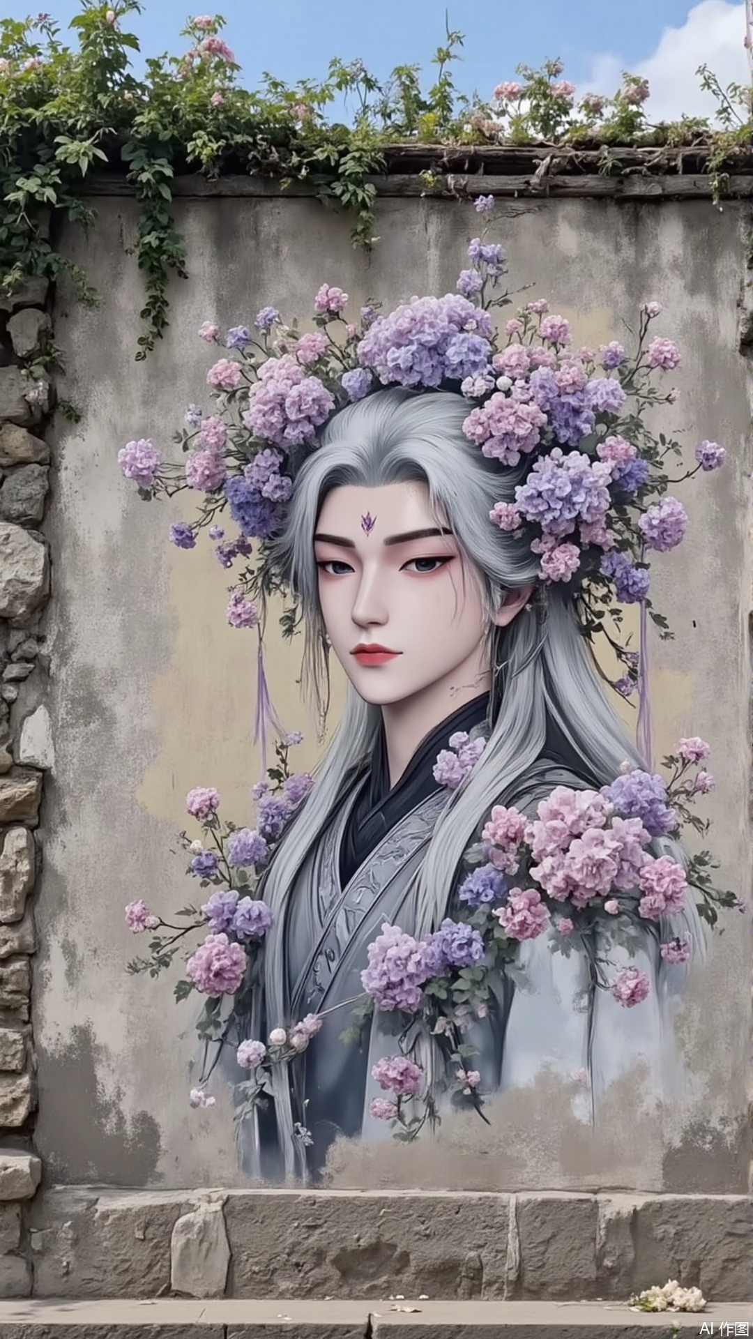 An ancient city wall painted with paints a man with white hair, whose hair is wrapped in morning glory