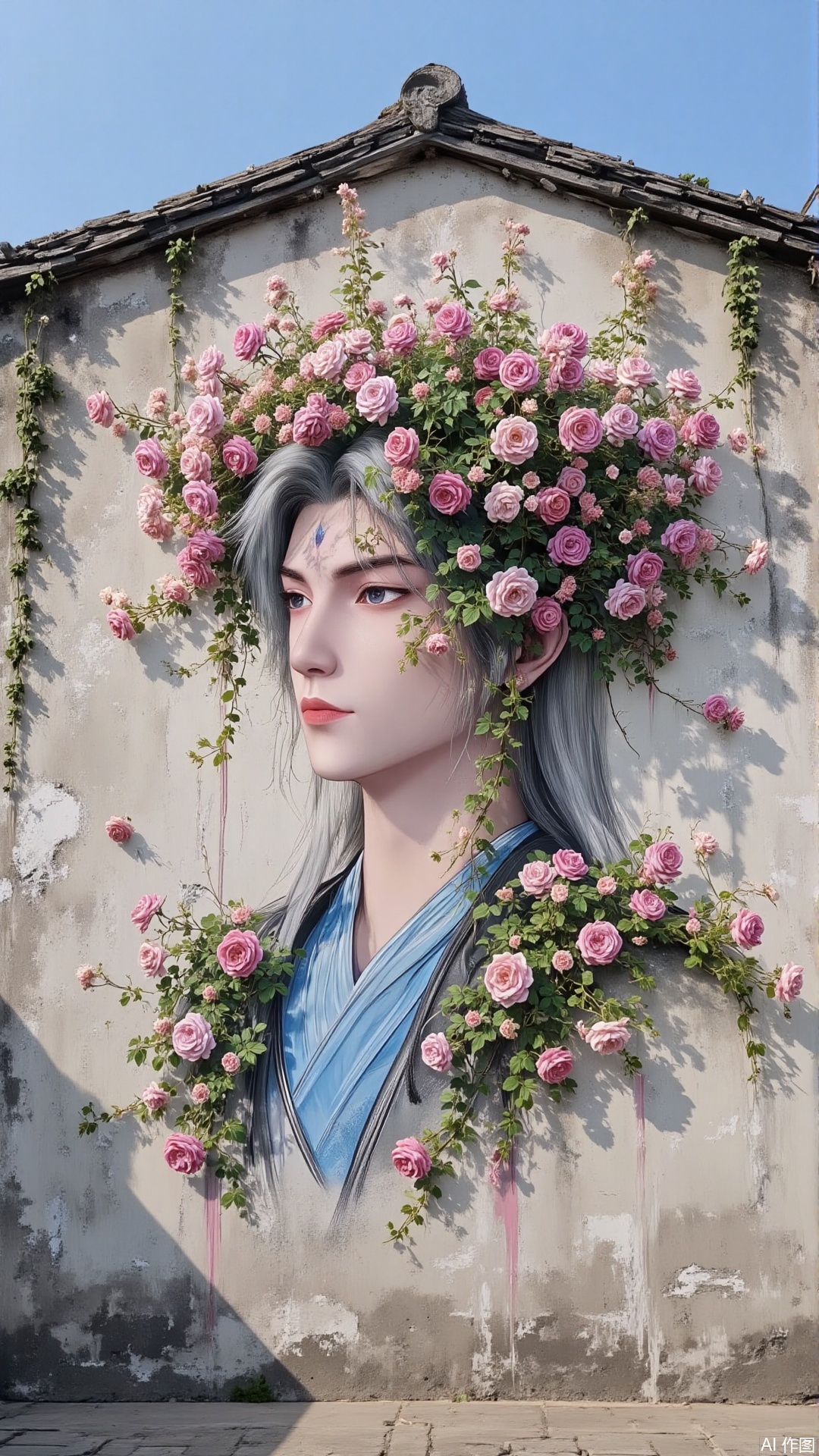 An ancient city wall painted with paints a man with white hair, whose hair is wrapped in morning glory