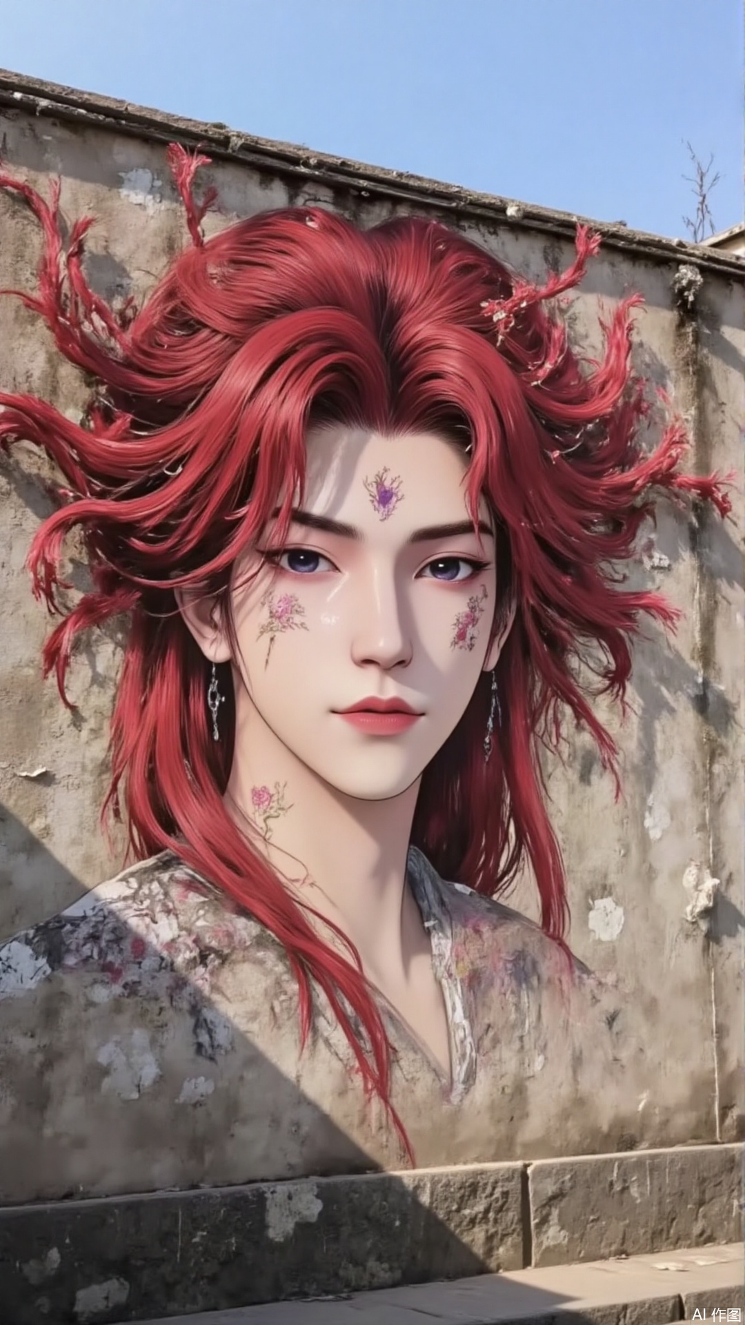 A man with red hair was painted on an ancient city wall, his hair was wrapped in morning glory