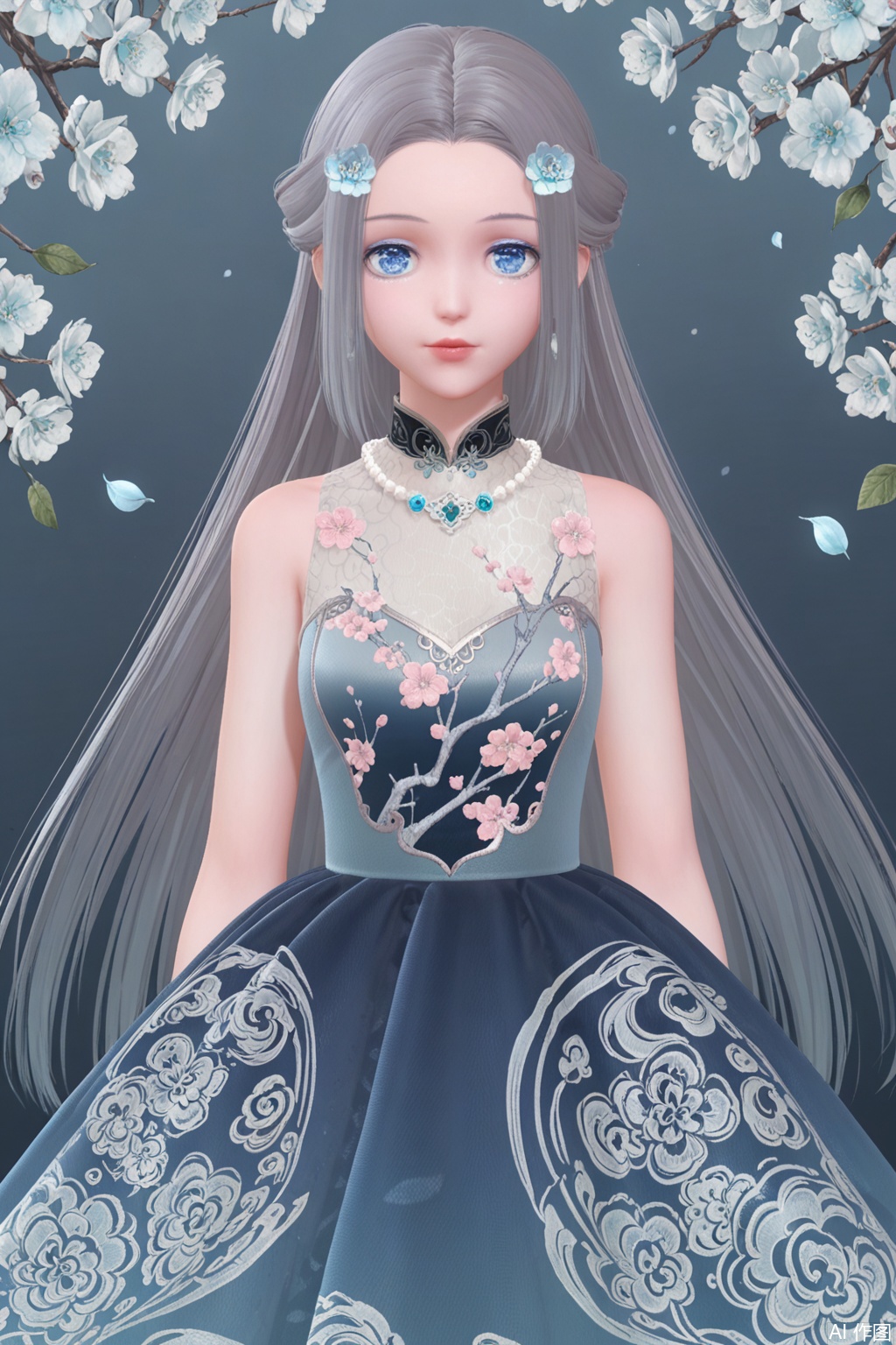 1girl, solo, long hair, looking at viewer, blue eyes, hair ornament, dress, bare shoulders, jewelry, flower, grey hair, hair flower, necklace, blue dress, floral print