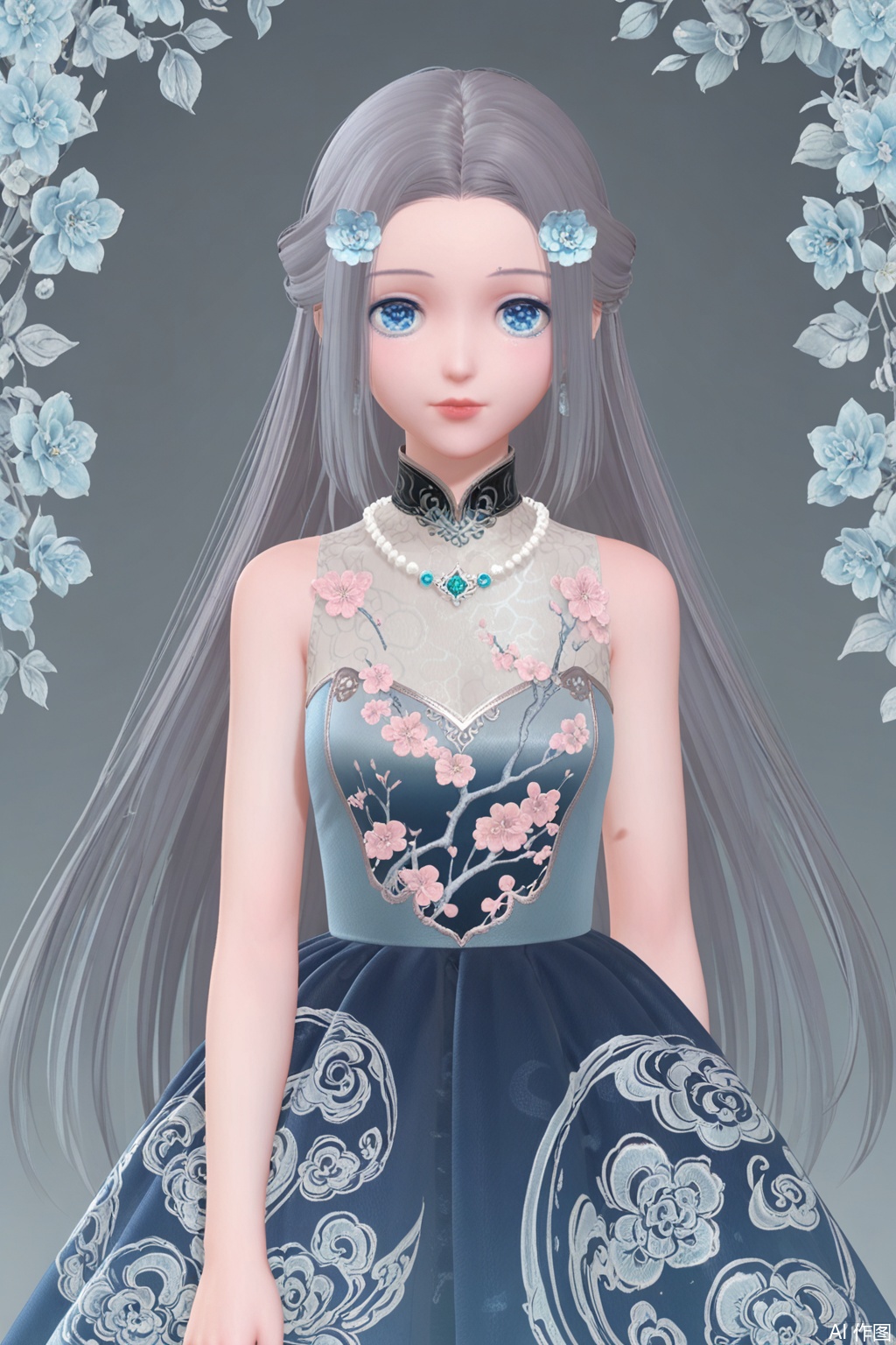 1girl, solo, long hair, looking at viewer, blue eyes, hair ornament, dress, bare shoulders, jewelry, flower, grey hair, hair flower, necklace, blue dress, floral print