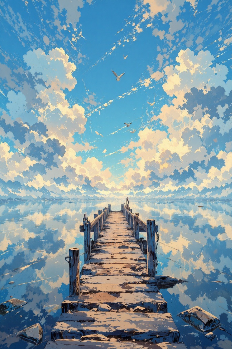 The image depicts a serene and picturesque scene. A wooden pier extends into a reflective body of water,  creating a mirro...