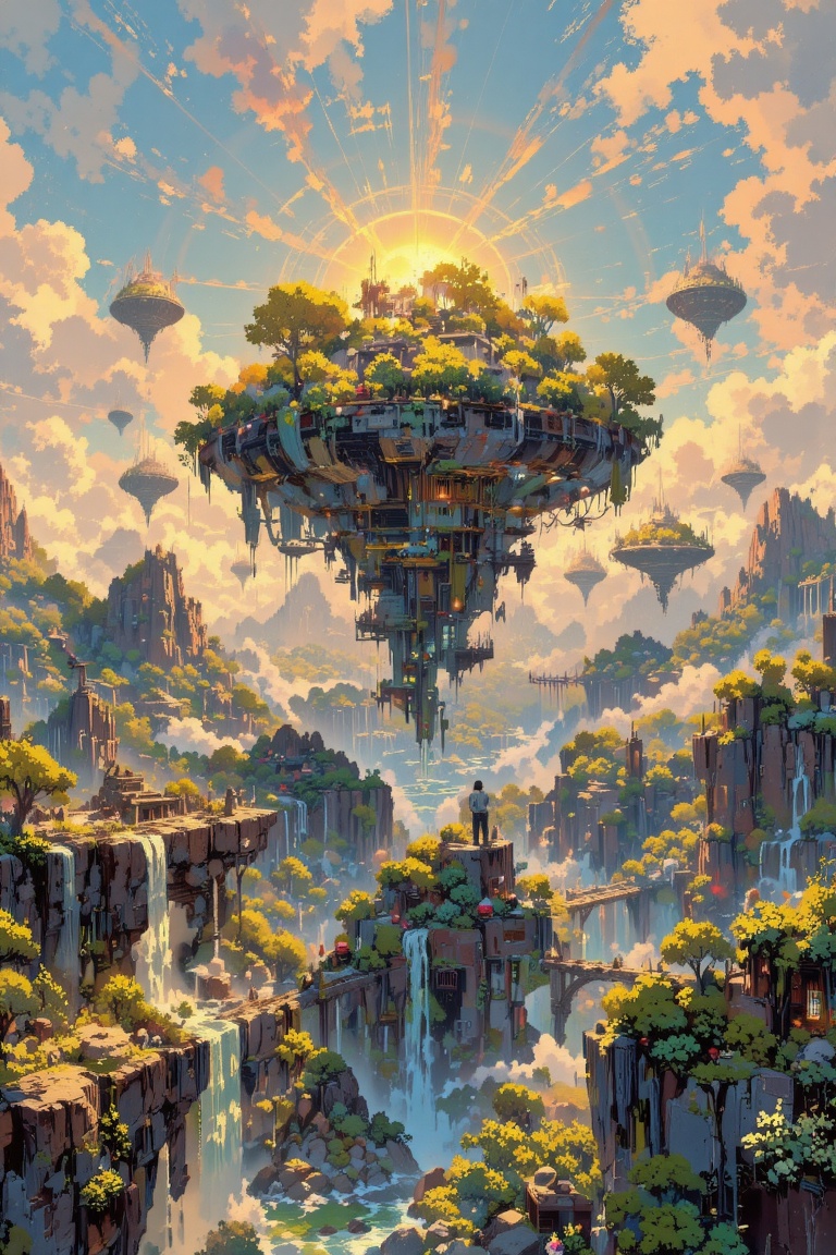 floating islands in the sky,  cascading waterfalls,  golden sunlight breaking through clouds on Tensor.Art