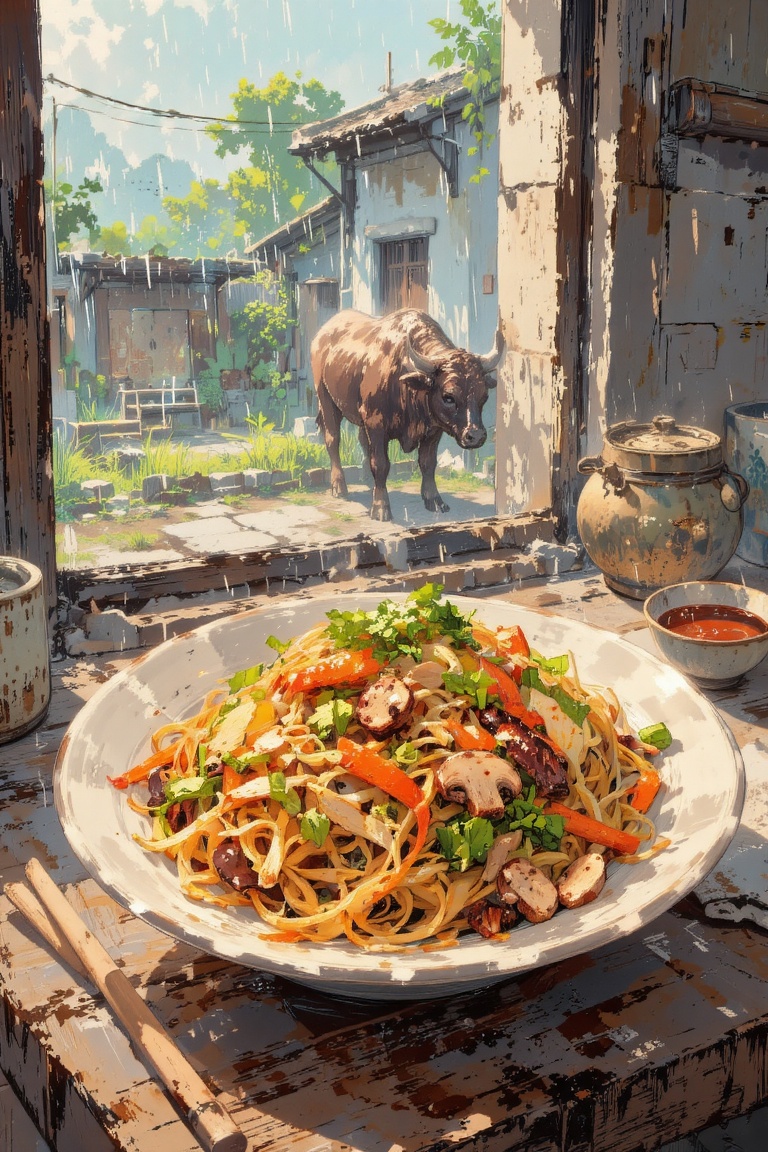 A photorealistic close-up of Taiwanese fried vermicelli (rice noodles),  featuring thin golden noodles with a slight gloss...