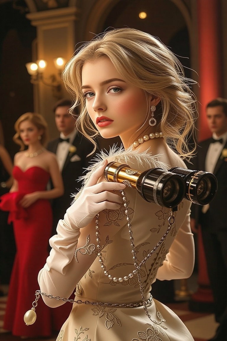 Like an amazing movie poster. A woman wearing a white glove and a pearl necklace,  holding a pair of Galilean binoculars....