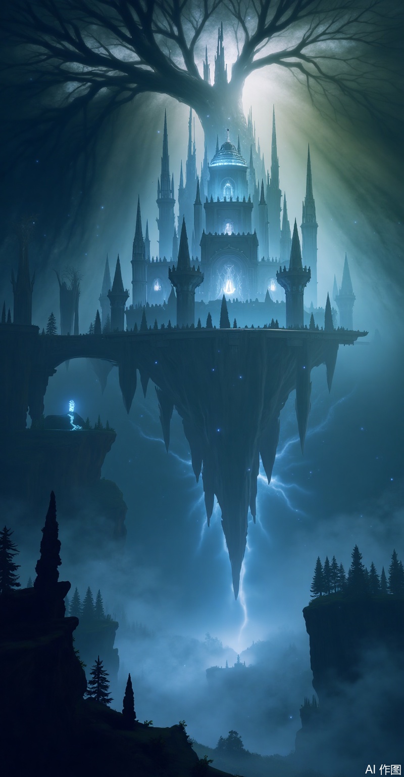 This is a digital painting depicting a magnificent and fantastical alternate world. At the center of the scene,a floating crystal castle ,with its dome and spires constructed from transparent crystals,seemingly housing mysterious glowing lights inside. Below the castle,flowing nebulas and ethereal mists gently support it.
