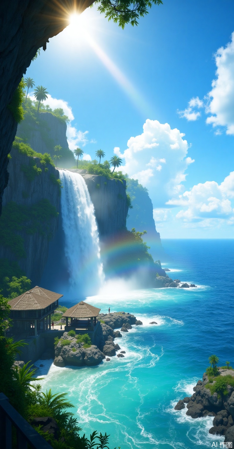 Overall It presents a natural beauty full of tropical seaside charm. Under the blue sky and white clouds, waterfalls, the ocean, buildings, and rainbows set off each other, exuding a fresh, bright, and pleasant atmosphere. Close - up In the clear and blue pool, the water forms white ripples, and the rocks at the bottom are faintly visible. Some green plants grow by the pool, adding vitality to the scene. The mist stirred up by the waterfall forms a gorgeous rainbow in the sunlight, with rich and bright colors. Middle - ground The majestic waterfall cascades down from the cliff with turbulent water flow. The white curtain of water contrasts sharply with the blue - green pool below. There are several thatched - roof buildings on the edge of the cliff, with a strong tropical style. They are probably places for tourists to rest, and figures can be vaguely seen moving around. Distant - view The vast expanse of the blue sea meets the horizon. A few palm trees dot the sea surface. There are white clouds of various shapes floating in the sky. The sun is shining brightly, and a faint double - rainbow can be seen in the sky, adding a dreamy touch. Style It belongs to the realistic style of tropical seaside scenery, realistically and exquisitely restoring the natural landscape and cultural architecture. With bright and vivid colors as the main tone, it highlights the characteristics of tropical regions with abundant sunlight and beautiful scenery, bringing visual pleasure and a yearning for a leisurely vacation atmosphere.