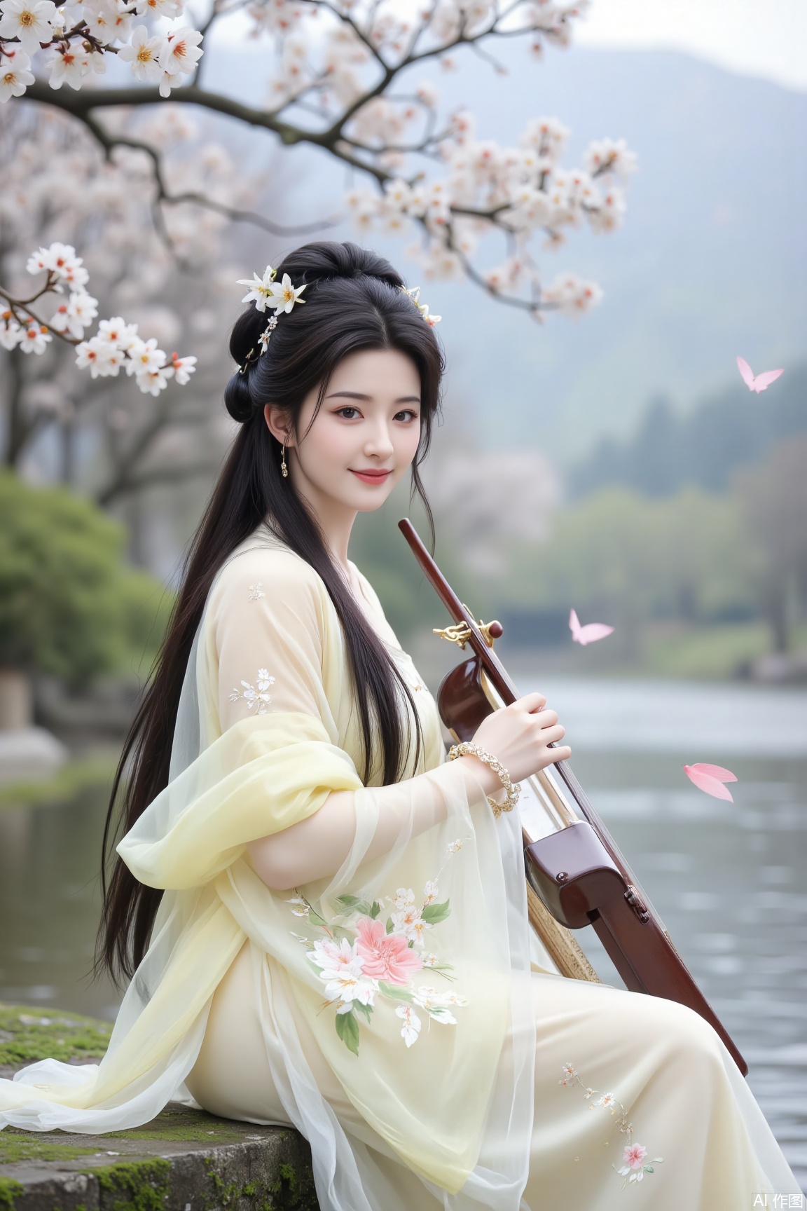 
A long-haired woman sits by a misty stream, bowing her head to play a qin (ancient Chinese zither), as if playing a silent solo. Her black hair cascades like a waterfall, adorned with exquisite hair ornaments, intertwined with blooming flowers, as if nature's spirits are weaving beauty for her. She wears a floral-printed Hanfu, embroidered with magnificent floral patterns, the silk fabric softly visible through the misty haze.

Her full-face appearance is exquisitely beautiful, her eyes as deep as stars, exuding a sense of mystery and gentleness. Her makeup is subtle, her lips as pink as cherry blossoms, her mouth slightly curved with an enigmatic smile. Her wrist is adorned with a shimmering bracelet, swaying gently with her movements, emitting soft, crisp sounds, as if accompanying her silent solo.

The misty air around her is filled with blooming flowers, releasing faint fragrances, as if offering their most sincere blessings to her. The distant mountains are faintly visible through the mist, as if marking the boundary between reality and dreams.

The entire scene is imbued with surrealistic imagery, where the woman's bowing to play the qin merges perfectly with the misty stream's atmosphere, as if she is the ruler of this realm. Her solo, though silent, is filled with power, as if it could pierce through time and space, touching the hearts of every observer.