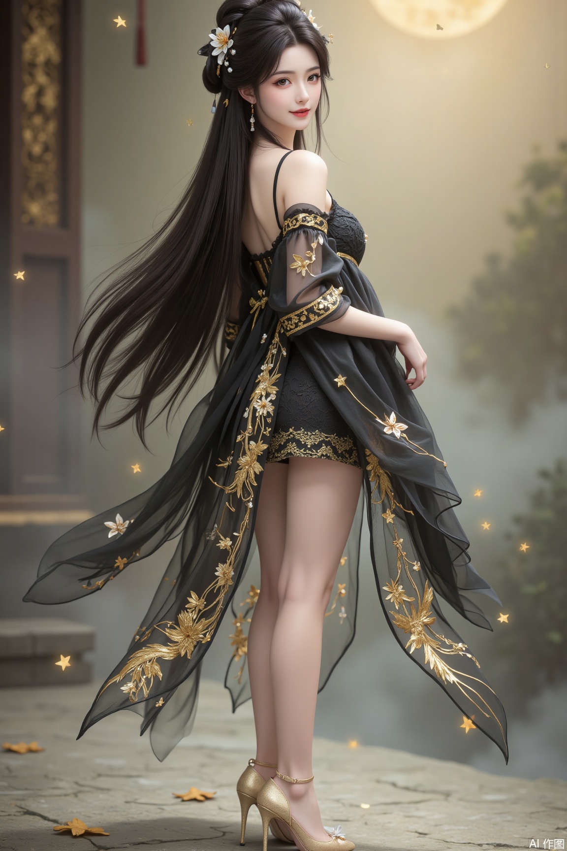 In a misty celestial realm, a graceful oriental fairy stands elegantly at the center of the scene in a side pose. Her black hair cascades like a waterfall, adorned with tiny starlight pearls, resembling a galaxy falling from the heavens. She wears a golden dress, featuring a black lace mesh design, adorned with delicate golden phoenix patterns, subtly accentuating her ethereal charm. The dress flows gently with her movements, as if golden light dances in the clouds. Beneath the short skirt, she wears black stockings with a shimmering surface, featuring intricate jacquard patterns, resembling a flowing star river in the night sky. Her feet are adorned with golden high heels, their slender stiletto heels resembling golden light pillars in the fairyland, adding an aura of mystique and elegance to her ensemble.

Her face is exquisitely beautiful, her skin as flawless as white jade, her eyes as deep and serene as autumn waters, exuding an otherworldly charm. Her makeup is subtle, her lips as pink as cherry blossoms, her mouth slightly curved with an enigmatic smile, as if radiating gentleness and compassion for all living beings. A halo of starlight surrounds her, as if the spiritual energy of the fairyland flows around her.

In the side pose, her posture is as upright as a pine tree, with the golden dress and shimmering stockings perfectly complementing each other, showcasing a dreamy and ethereal beauty. Her demeanor is poised and natural, as if merging with the universe, radiating a tranquil yet mysterious atmosphere.