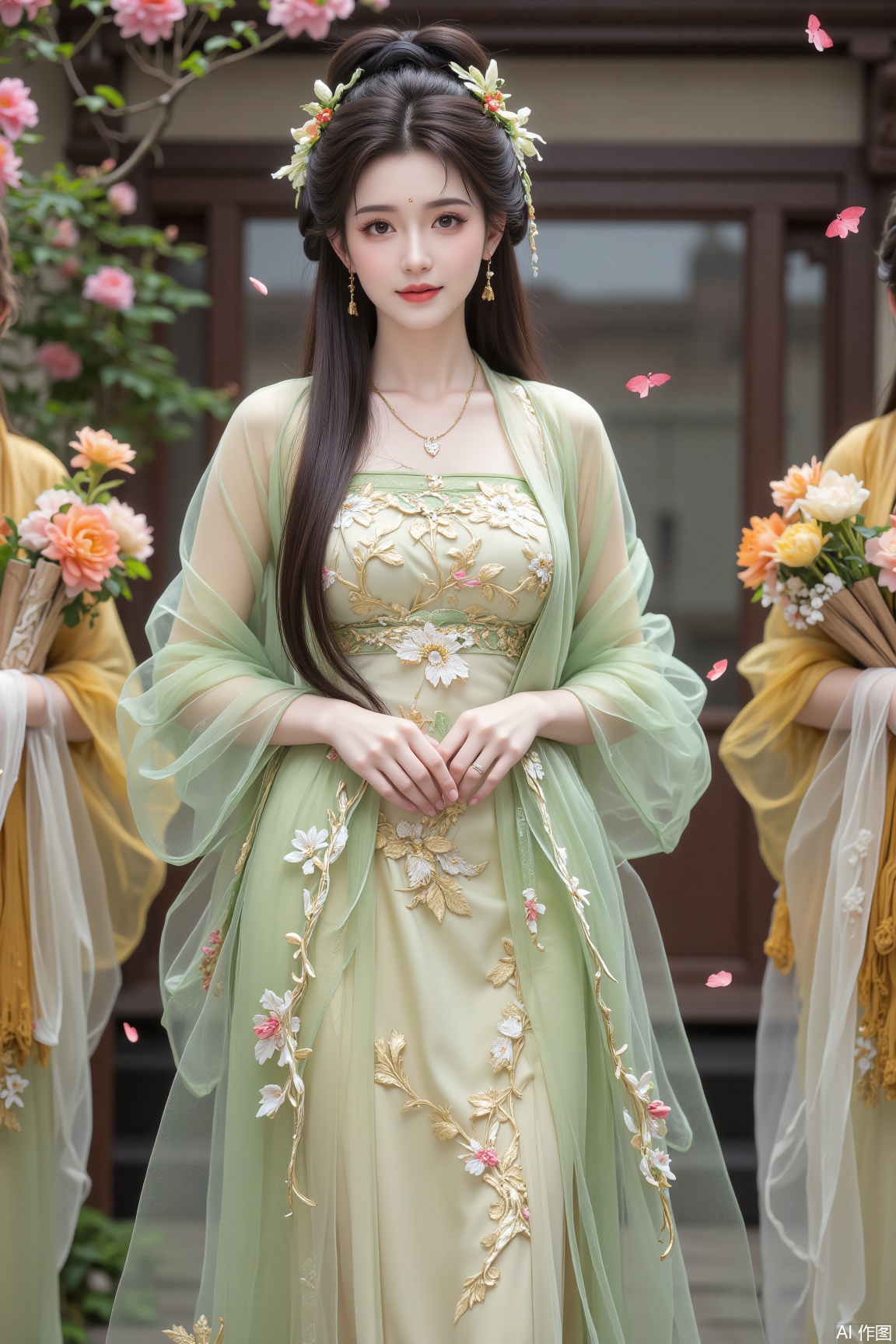 在一片梦幻般的仙境中,一位长发飘逸的女子独自站立,仿佛在独奏一曲无声的乐章。她的黑色长发如瀑布般垂落,发间点缀着精致的发饰,几朵盛开的花朵缠绕其中,仿佛是大自然的精灵在为她编织美丽。她身穿一件印花汉服,汉服上绣满了绚丽的花卉图案,丝绸的质地在朦胧的雾气中若隐若现,散发出一种超凡脱俗的气息。

她的面容清丽绝伦,双眸如星辰般深邃,透出一丝神秘与温柔。她的妆容淡雅,唇色如樱花般粉嫩,嘴角微微上扬,带着一抹若有若无的笑意,仿佛对这仙境中的万物都充满了深情。她的手腕上戴着一串闪烁的饰品,随着她的动作轻轻摇曳,发出细微的清脆声响,仿佛在为她的独奏伴奏。

周围的空气中弥漫着轻盈的雾气,仿佛是仙境的帷幕,为她的身影增添了一层朦胧的美感。她的脚下是一片盛开的花海,各种奇异的花朵竞相绽放,散发出淡淡的香气,仿佛在为她献上最诚挚的祝福。远处的山峦在雾气中若隐若现,仿佛是现实与梦境的交界。

整个画面充满了超现实主义的意境,女子的身影与仙境的氛围完美融合,仿佛她本身就是这片仙境的主宰。她的独奏无声却充满力量,仿佛能够穿透时空,触动每一个观者的心灵。
