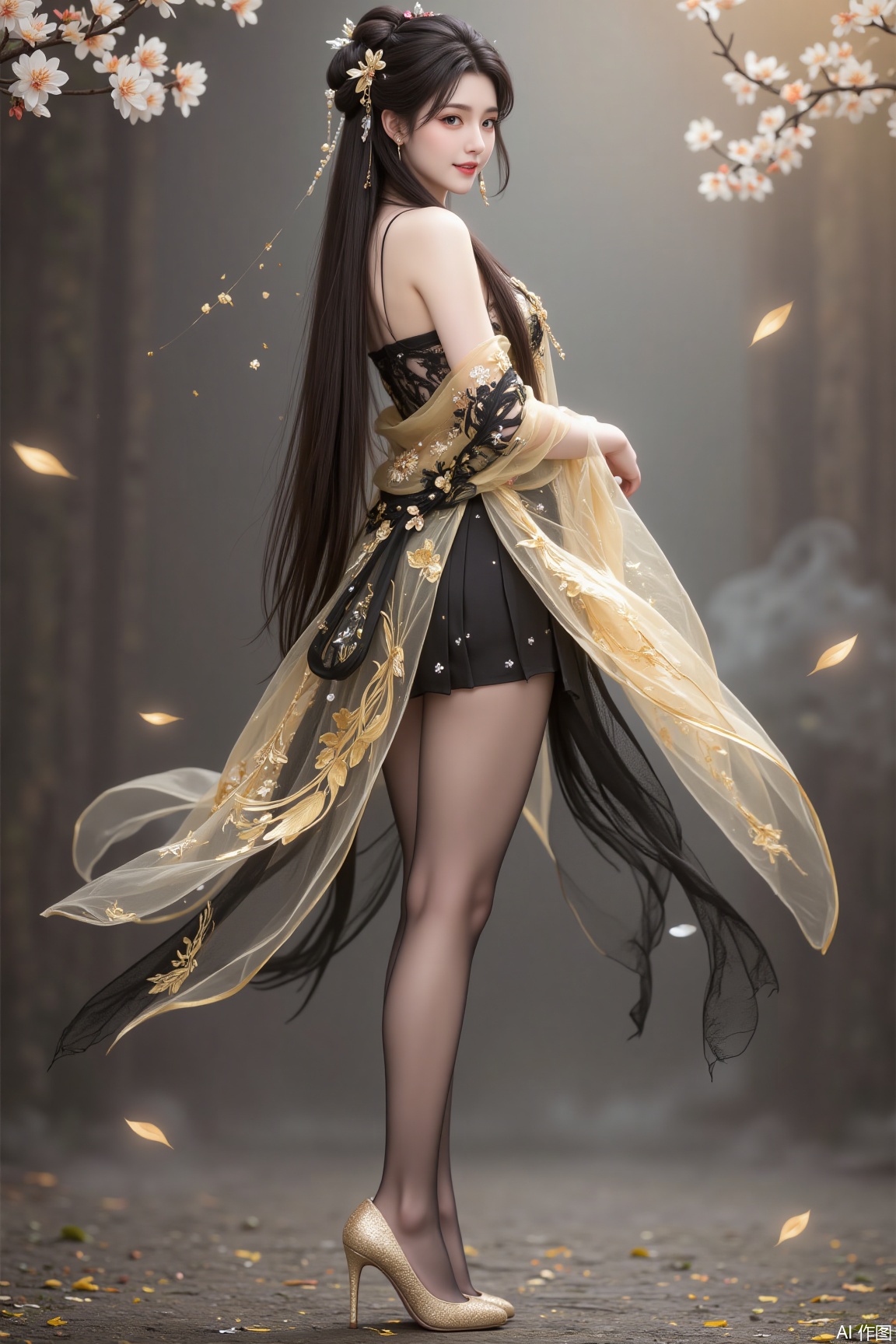 
In a misty celestial realm, a graceful oriental fairy stands elegantly at the center of the scene. Her black hair cascades like a waterfall, adorned with tiny starlight pearls, resembling a galaxy falling from the heavens. She wears a golden dress, featuring a black lace mesh design, adorned with delicate golden phoenix patterns, subtly accentuating her ethereal charm. The dress flows gently with her movements, as if golden light dances in the clouds. Beneath the short skirt, she wears black stockings with a shimmering surface, featuring intricate jacquard patterns, resembling a flowing star river in the night sky. Her feet are adorned with golden high heels, their slender stiletto heels resembling golden light pillars in the fairyland, adding an aura of mystique and elegance to her ensemble.

Her face is exquisitely beautiful, her skin as flawless as white jade, her eyes as deep and serene as autumn waters, exuding an otherworldly charm. Her makeup is subtle, her lips as pink as cherry blossoms, her mouth slightly curved with an enigmatic smile, as if radiating gentleness and compassion for all living beings. A halo of starlight surrounds her, as if the spiritual energy of the fairyland flows around her.

In the standing pose, her posture is as upright as a pine tree, with the golden dress and shimmering stockings perfectly complementing each other, showcasing a dreamy and ethereal beauty. Her demeanor is poised and natural, as if merging with the universe, radiating a tranquil yet mysterious atmosphere.
