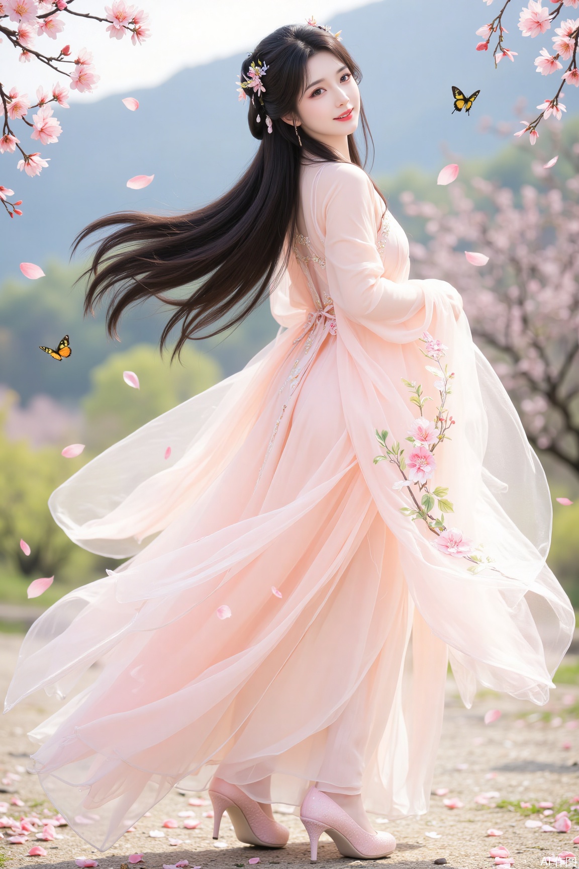 
An ancient fairy with flowing black hair like a waterfall, adorned with a cherry blossom hairpin, with pink butterflies fluttering in her hair, adding softness and liveliness. She wears a pink gauze dress embroidered with blooming cherry blossoms and tender green willow leaves, paired with exquisite pink high heels, showcasing the romance and elegance of spring. Standing in a cherry blossom forest, with petals falling like rain, butterflies fluttering among the petals, as if sharing the beauty and dreaminess of spring. Her expression is gentle and serene, her eyes filled with a faint smile, as if savoring the poetic moments of spring.

The background is falling cherry blossoms and distant green mountains, creating a sense of romance and dreaminess.